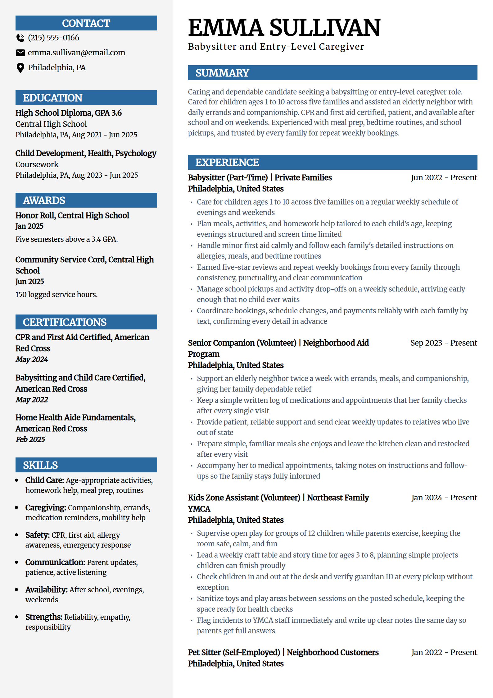 Babysitter and entry-level caregiver resume example in the Mosaic template