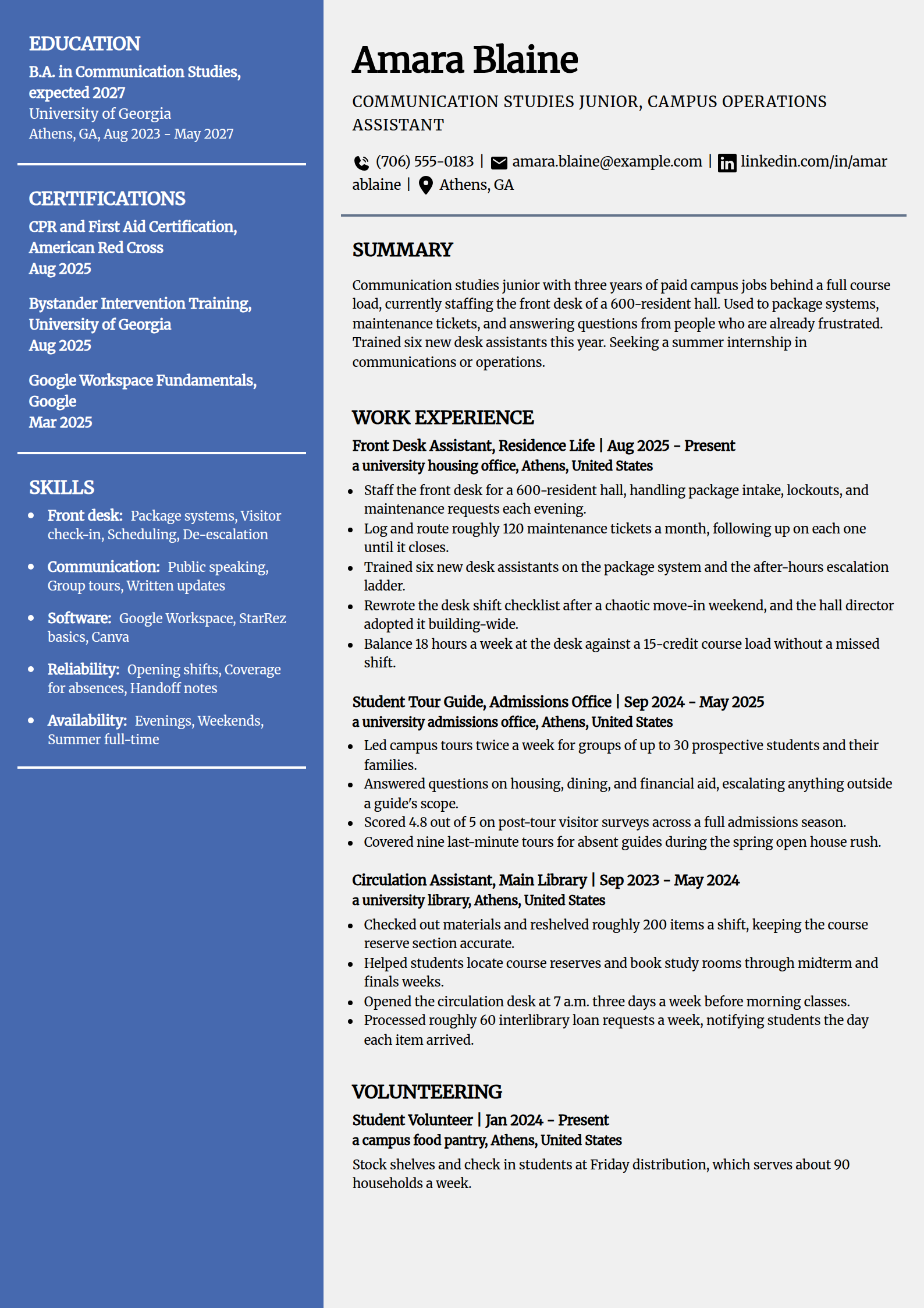 Campus job and work-study resume example in the Innovative template