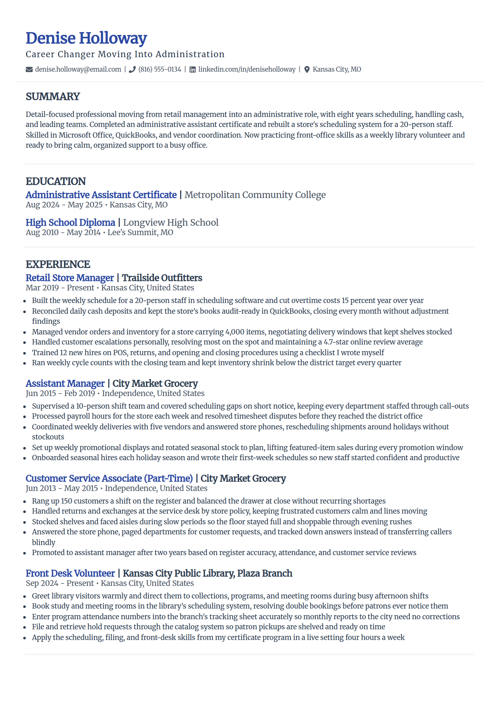 Career-change resume example for someone new to a field in the Elegant template