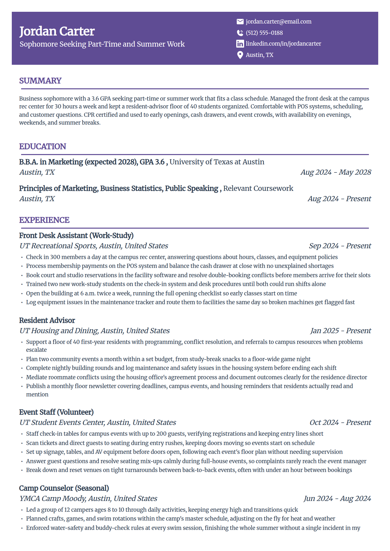 College student resume example for part-time and summer work in the Panorama template