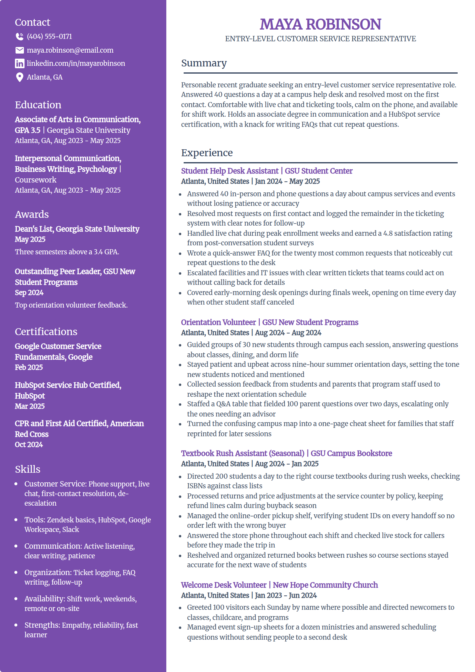 Entry-level customer service representative resume example in the Pioneer template