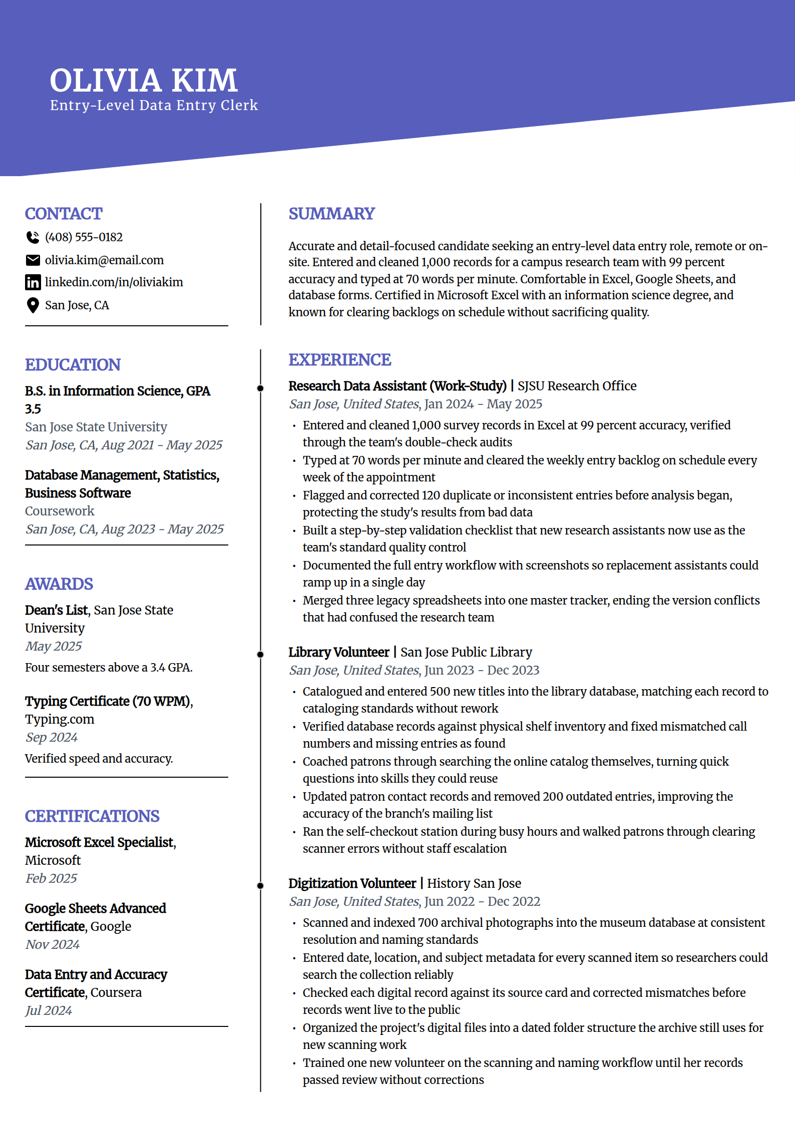 Entry-level data entry clerk resume example in the Orbit template