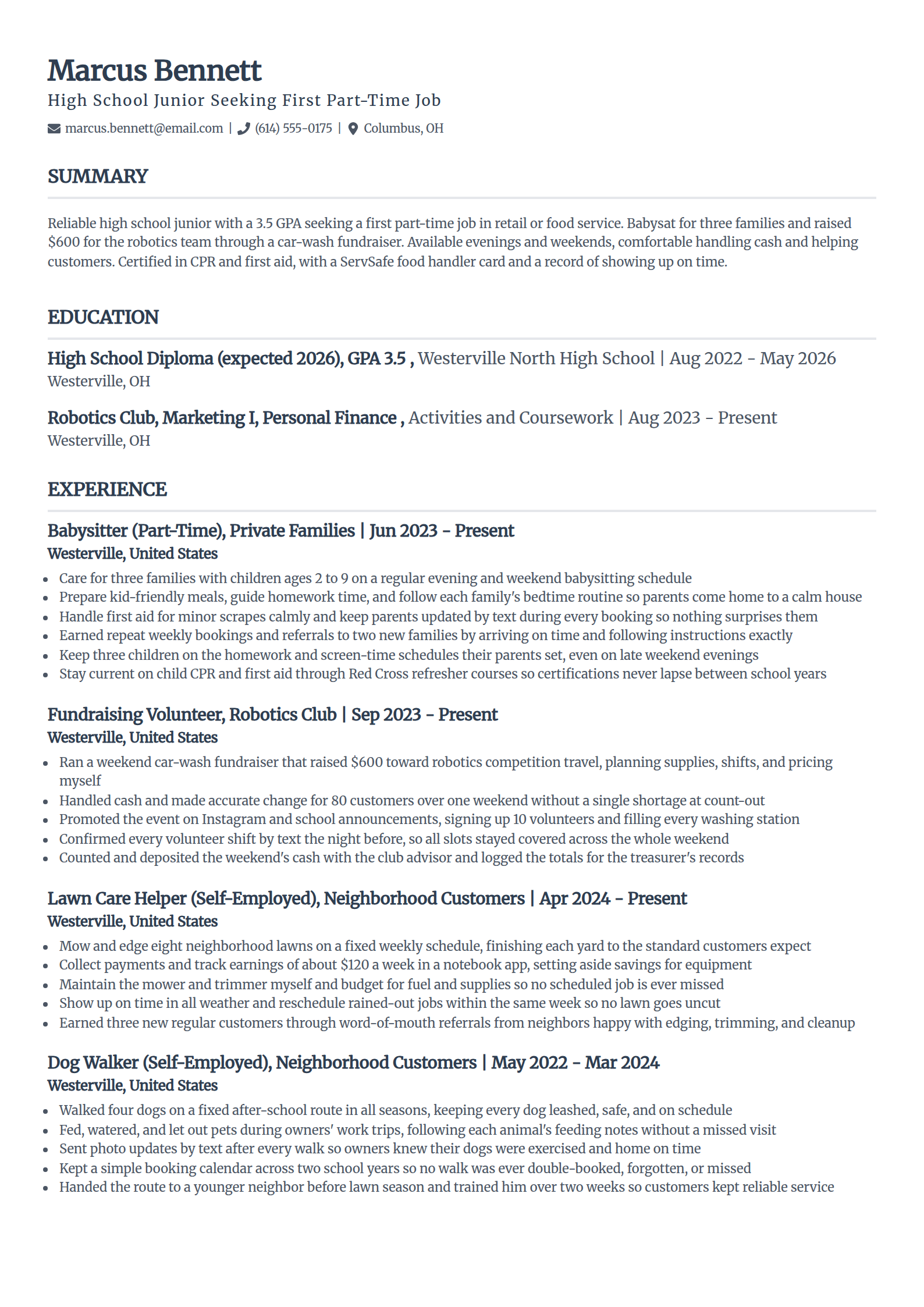 First job resume example for a teenager with no experience in the Classic template