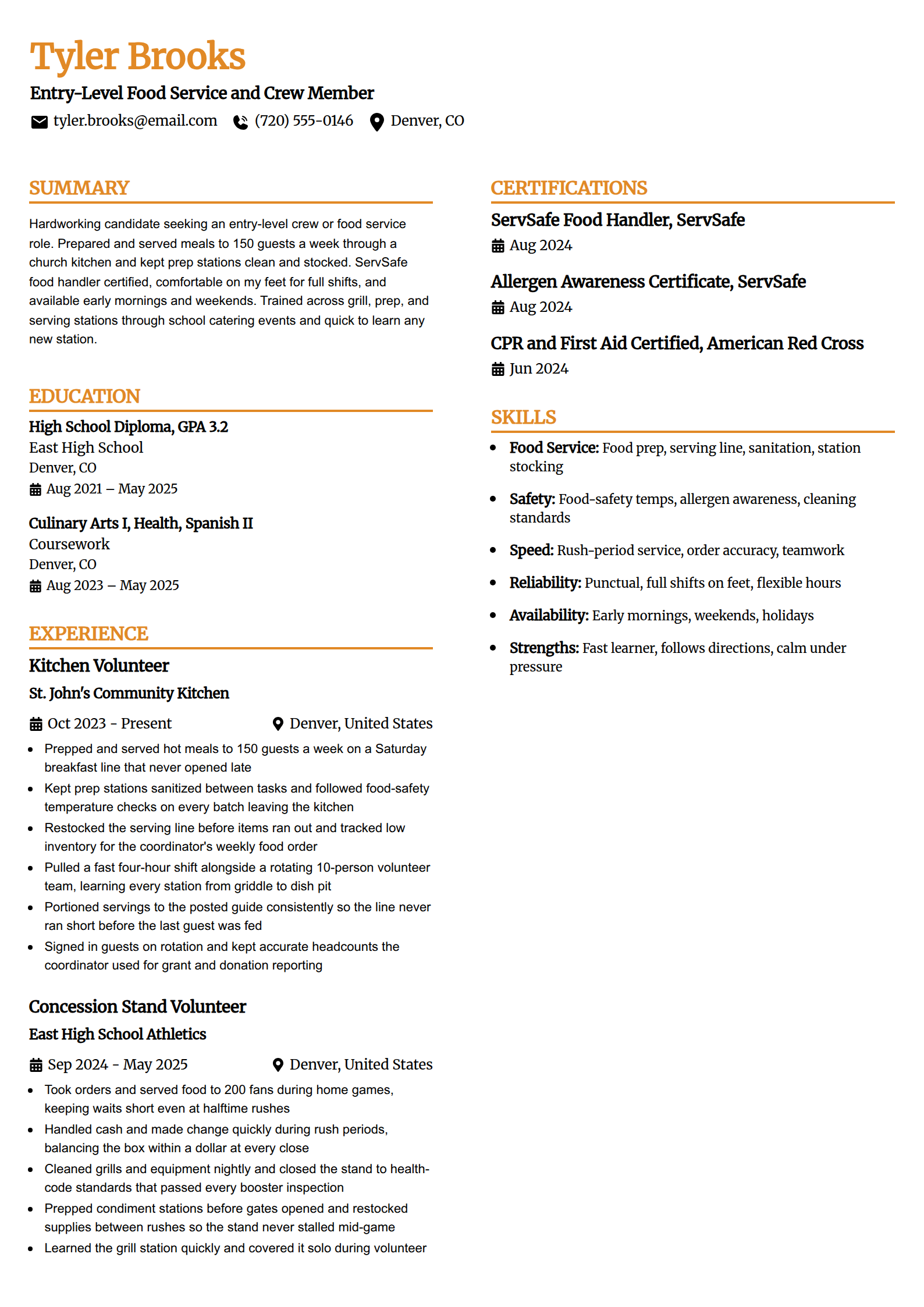 Entry-level food service and crew member resume example in the Professional Edge template