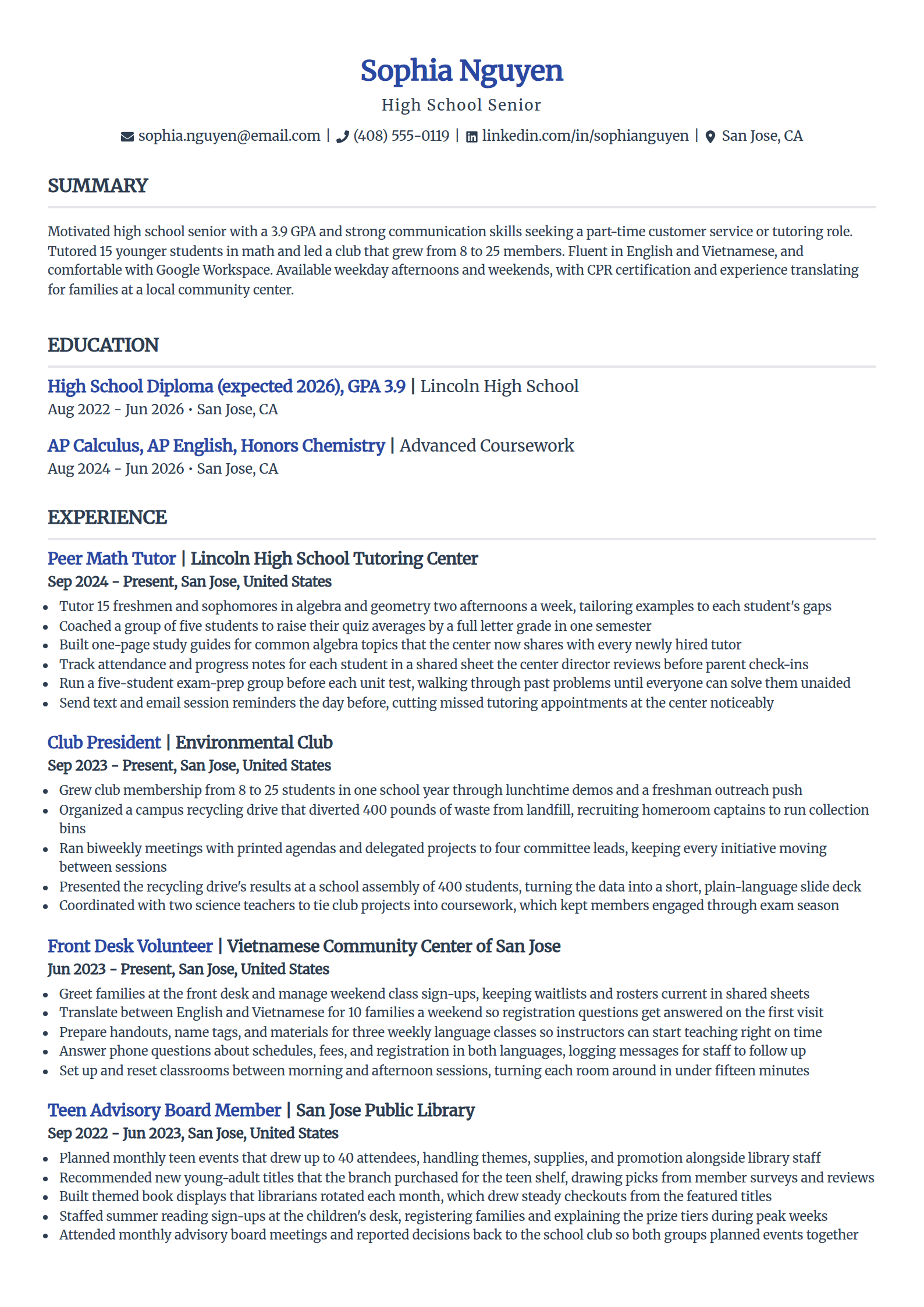 High school student resume example in the Simple template