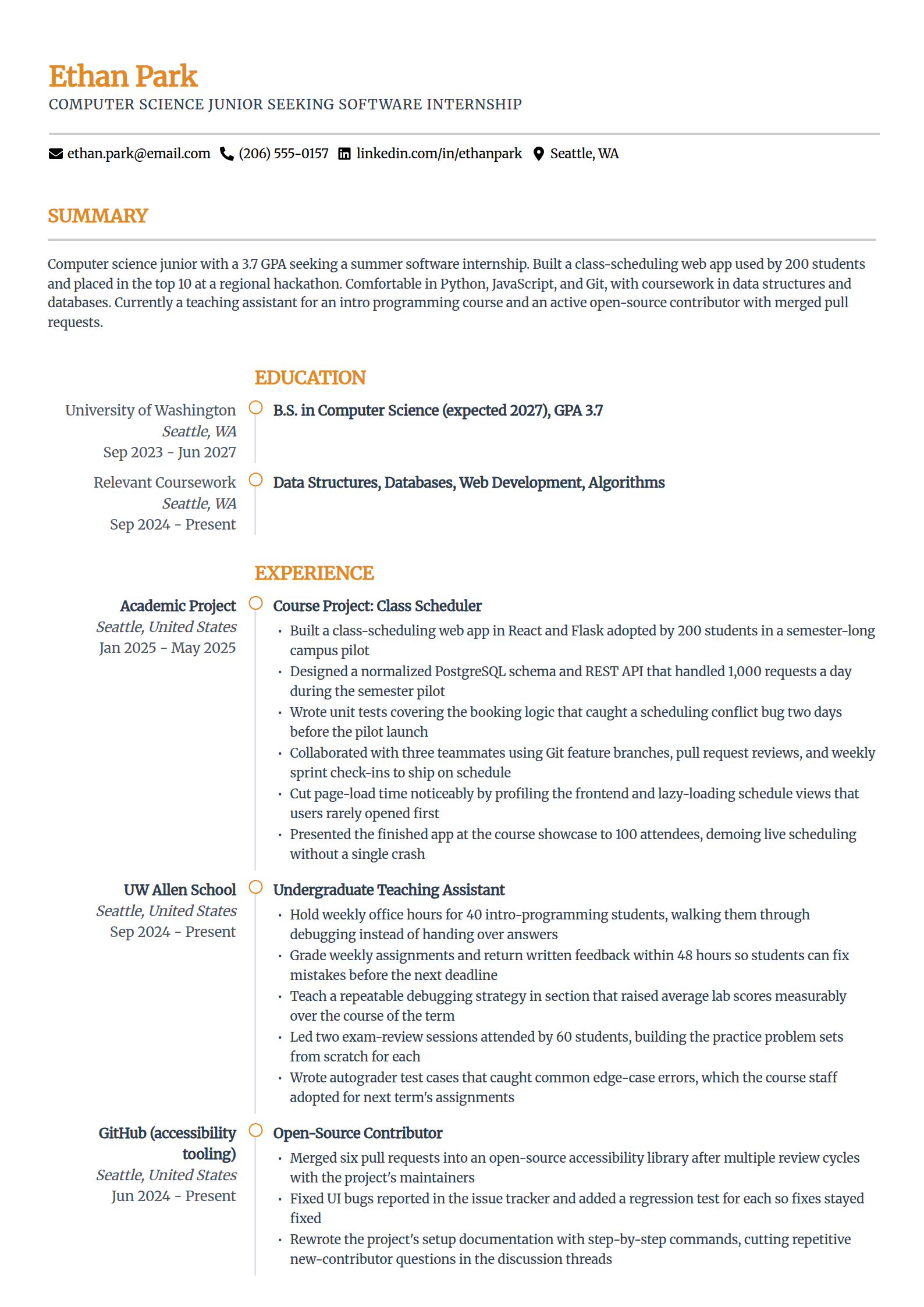 Student internship resume example in the Zenith template