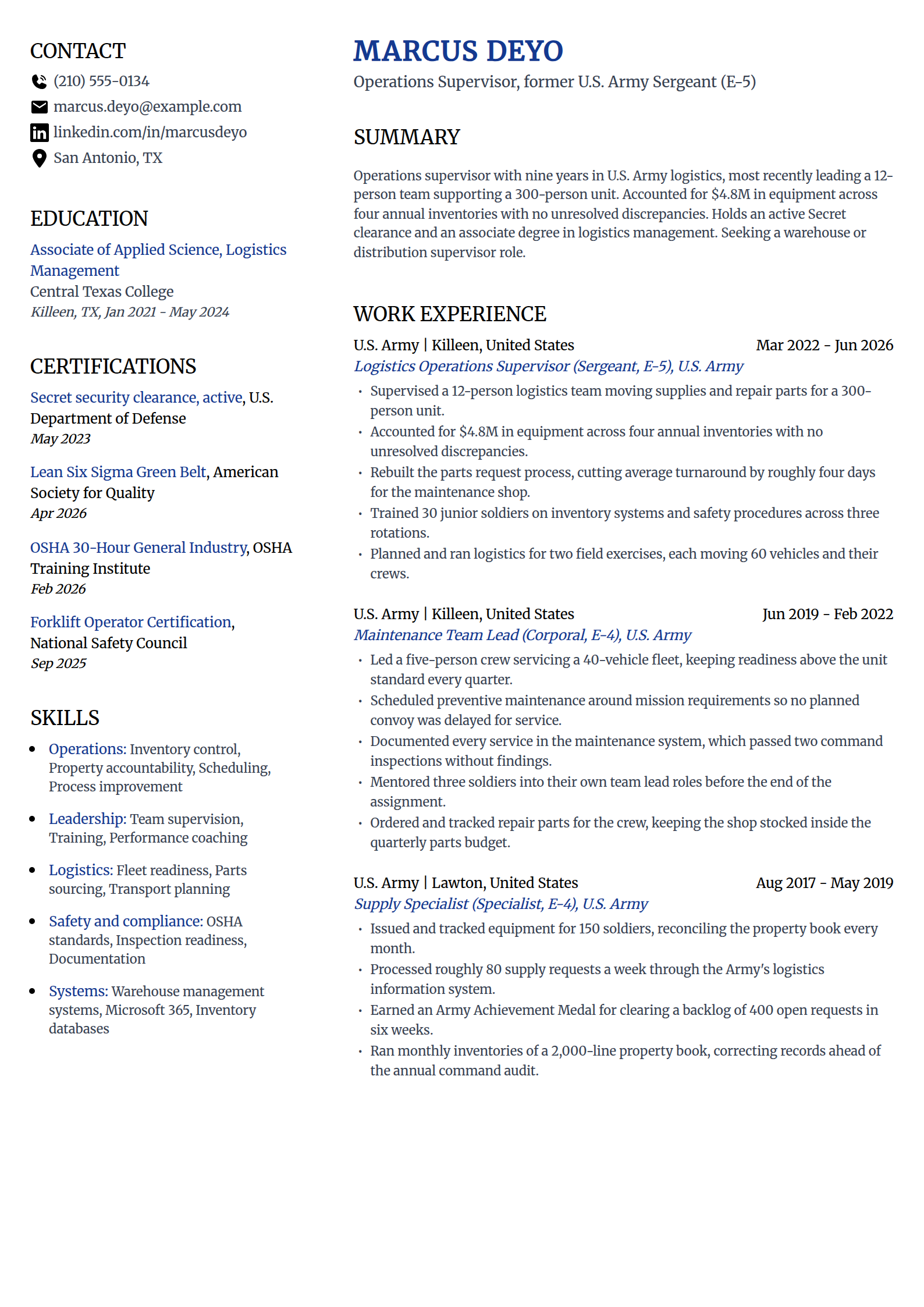 Military to civilian transition resume example in the Voyage template