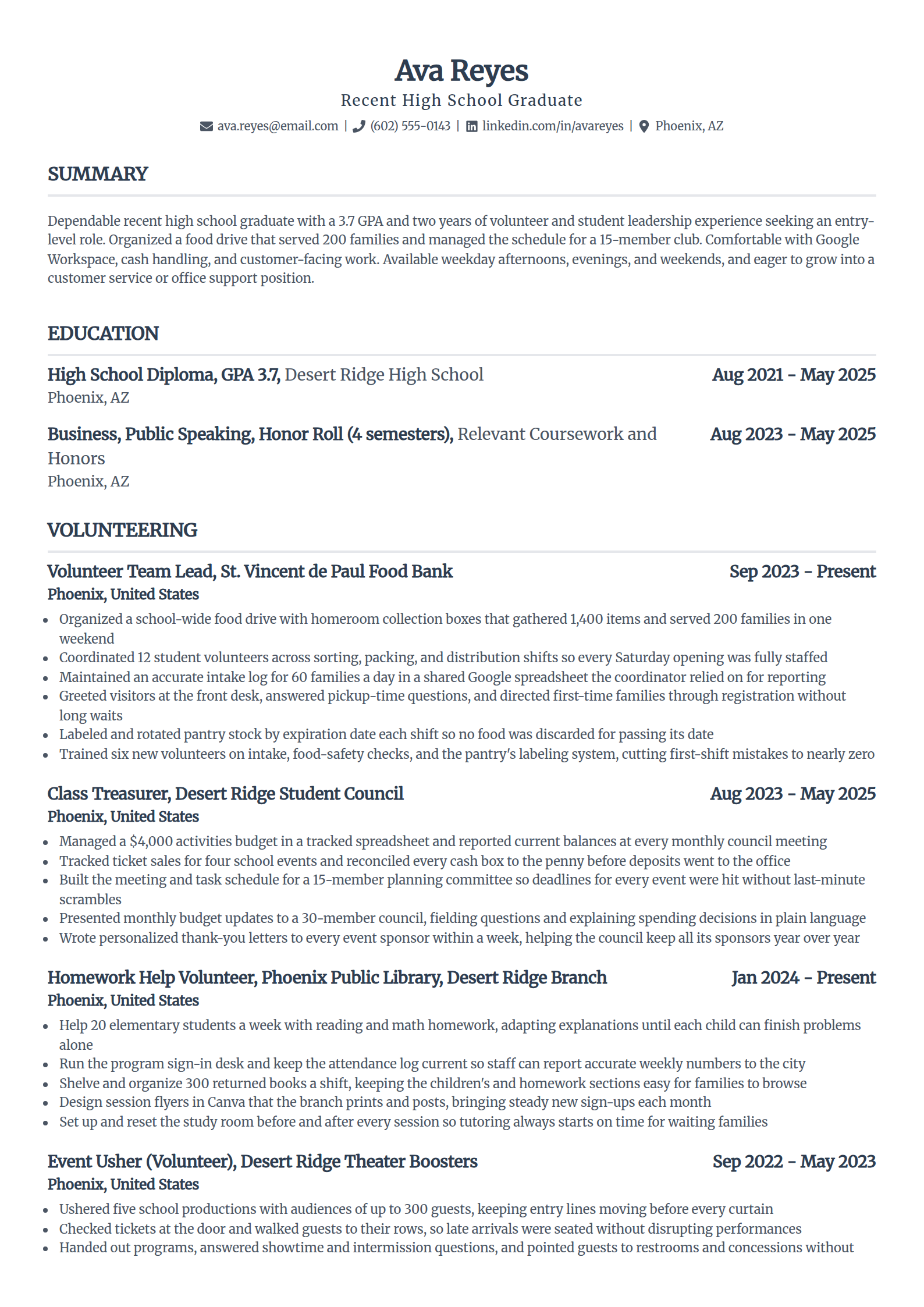 Resume example for a candidate with no work experience in the Standard template
