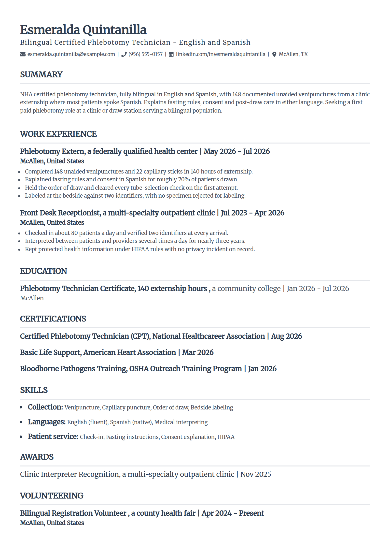 Bilingual entry-level phlebotomist resume example in the Classic template