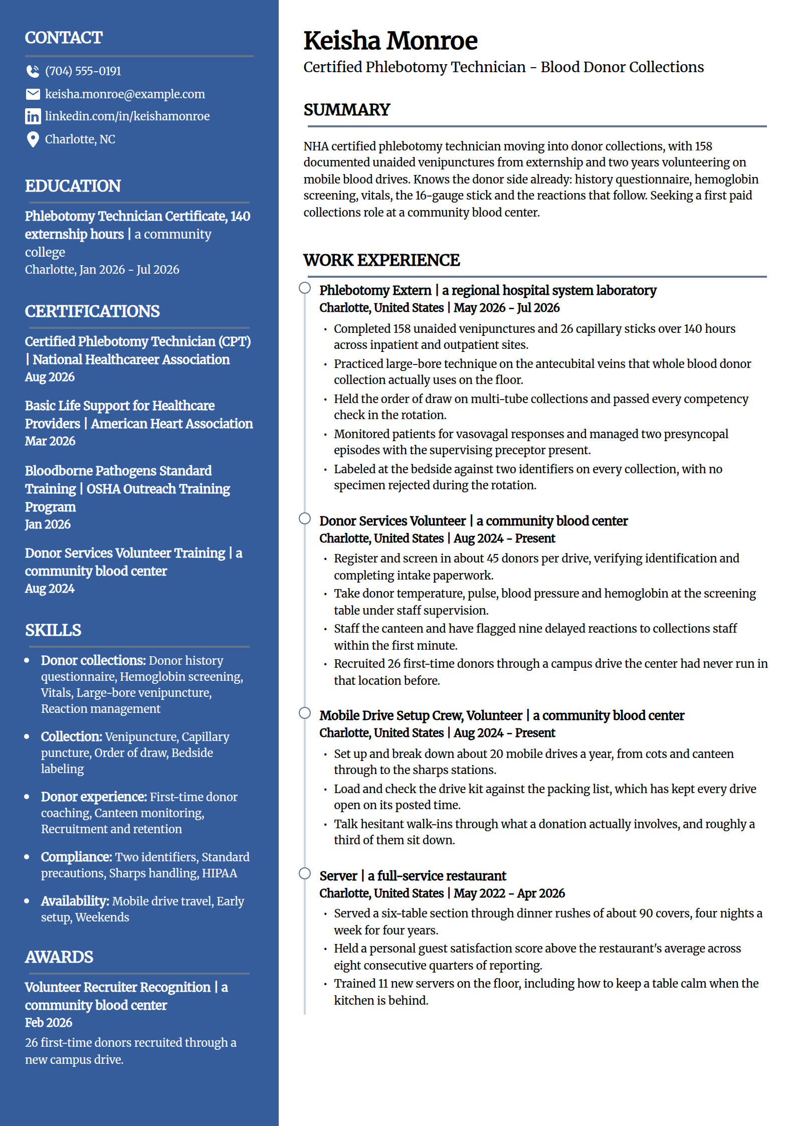 Entry-level blood donor center phlebotomist resume example in the Creative template