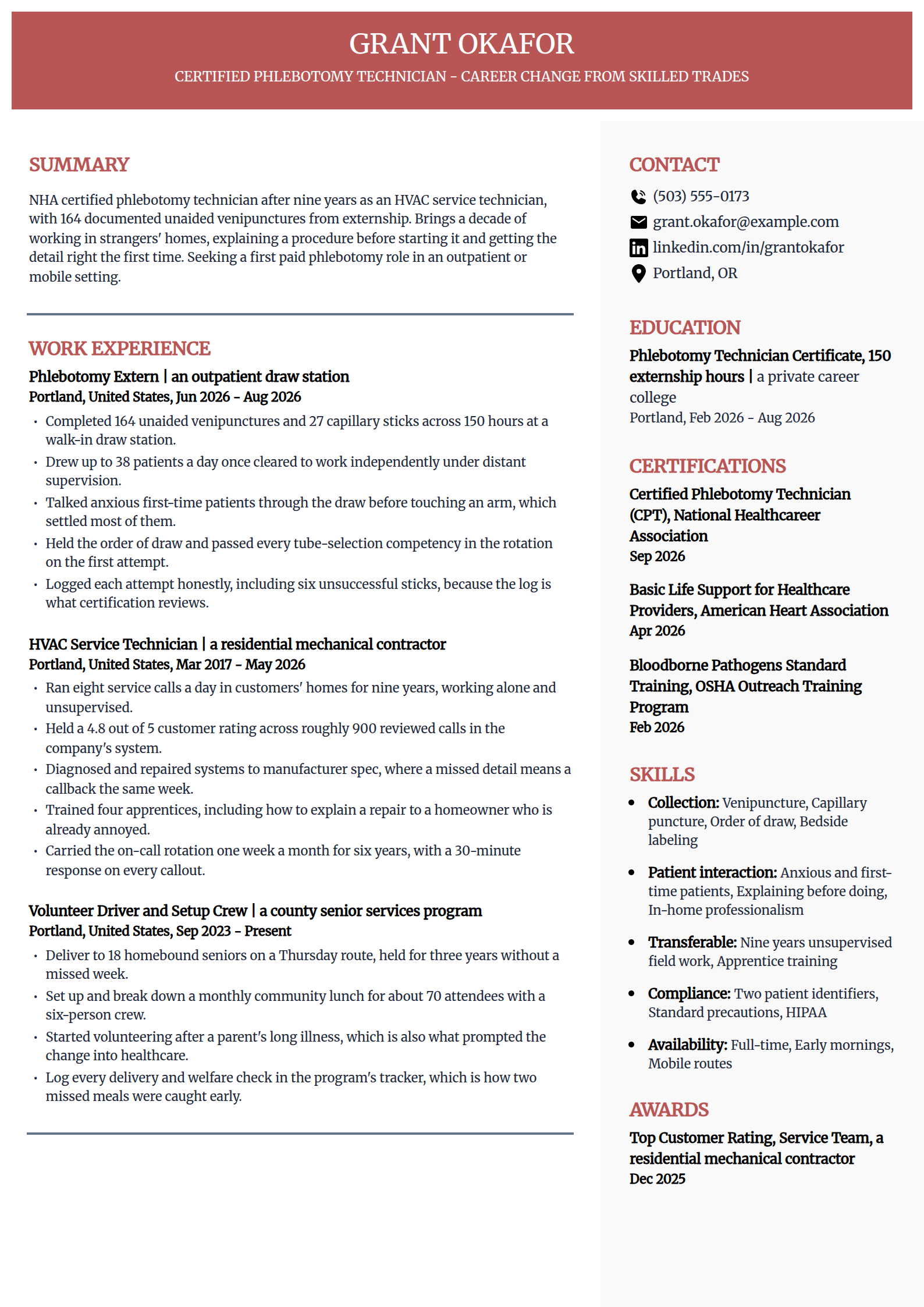 Phlebotomy career changer with no healthcare background resume example in the Executive template
