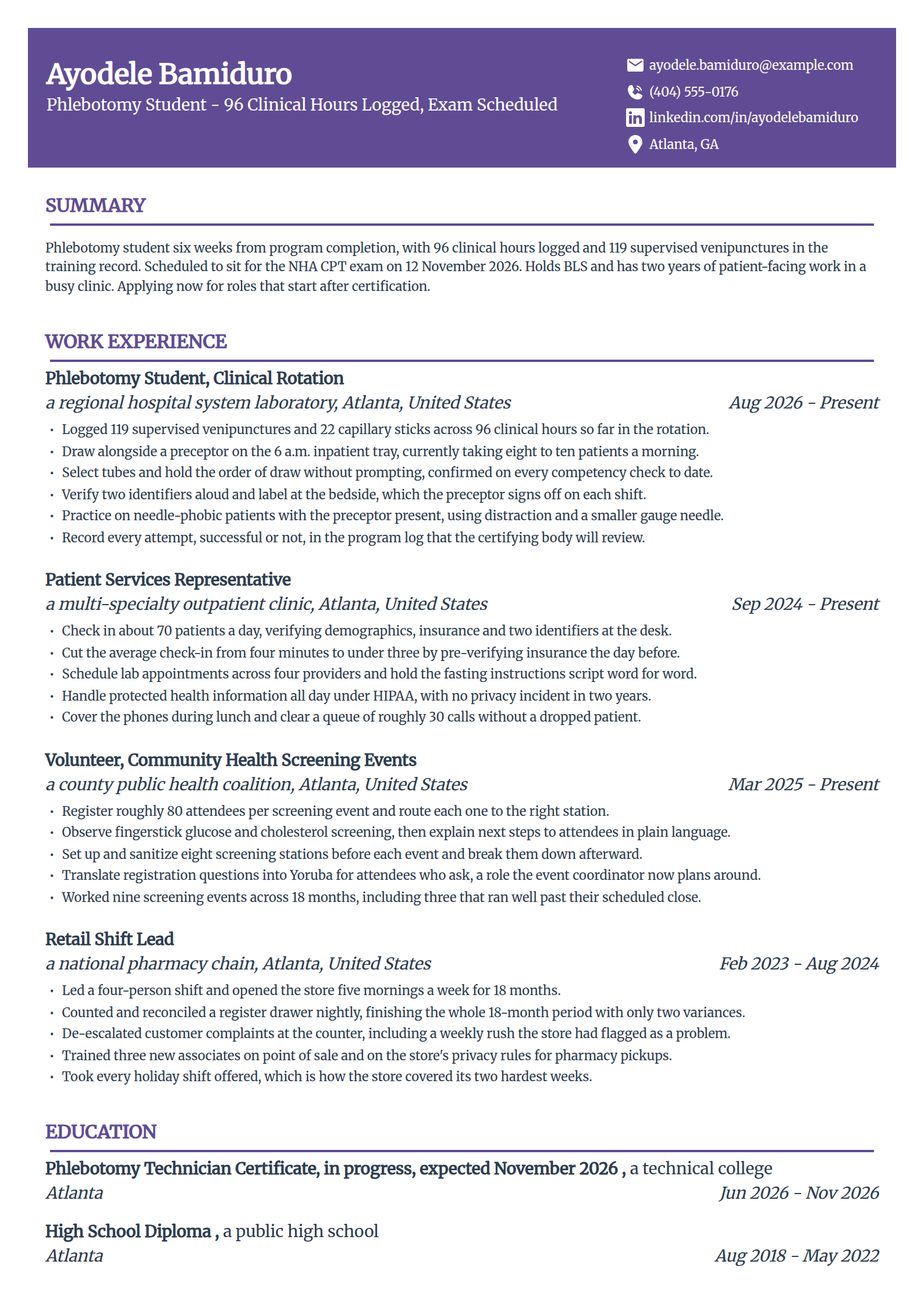 Phlebotomy student with clinical rotation hours only resume example in the Panorama template