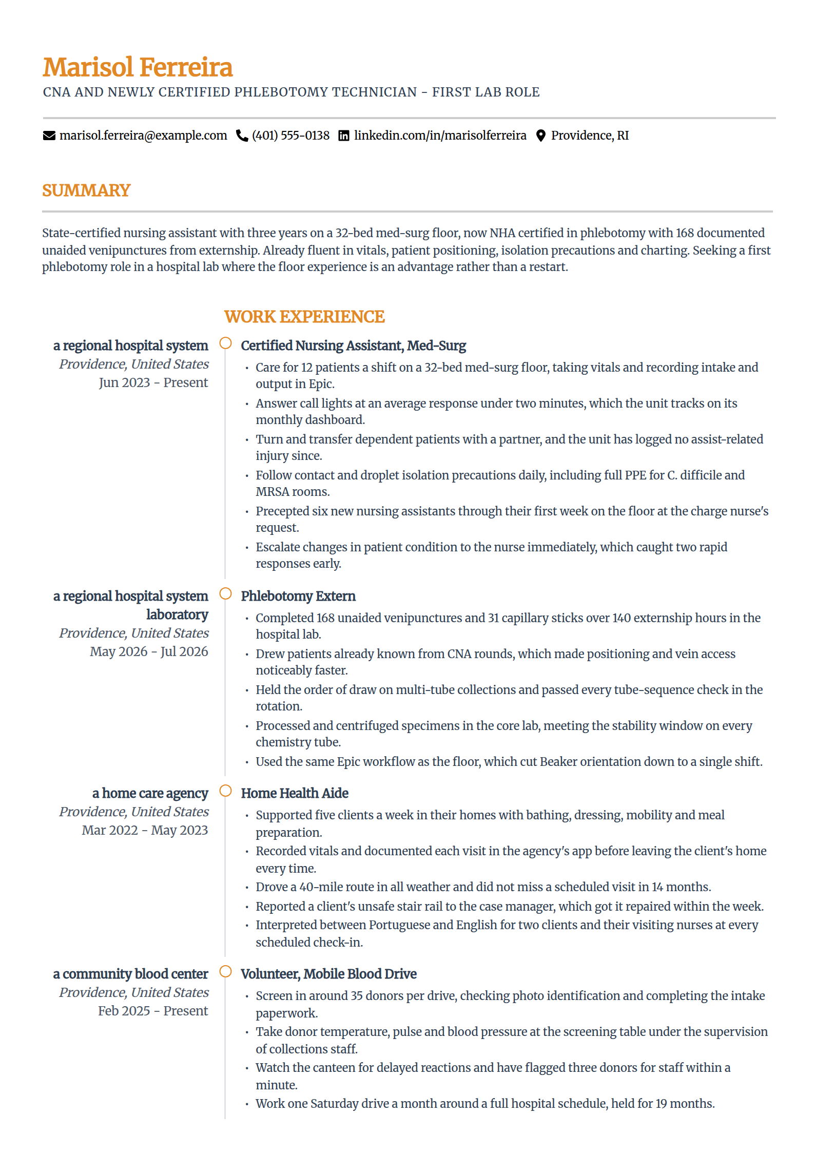 CNA moving into phlebotomy resume example in the Zenith template