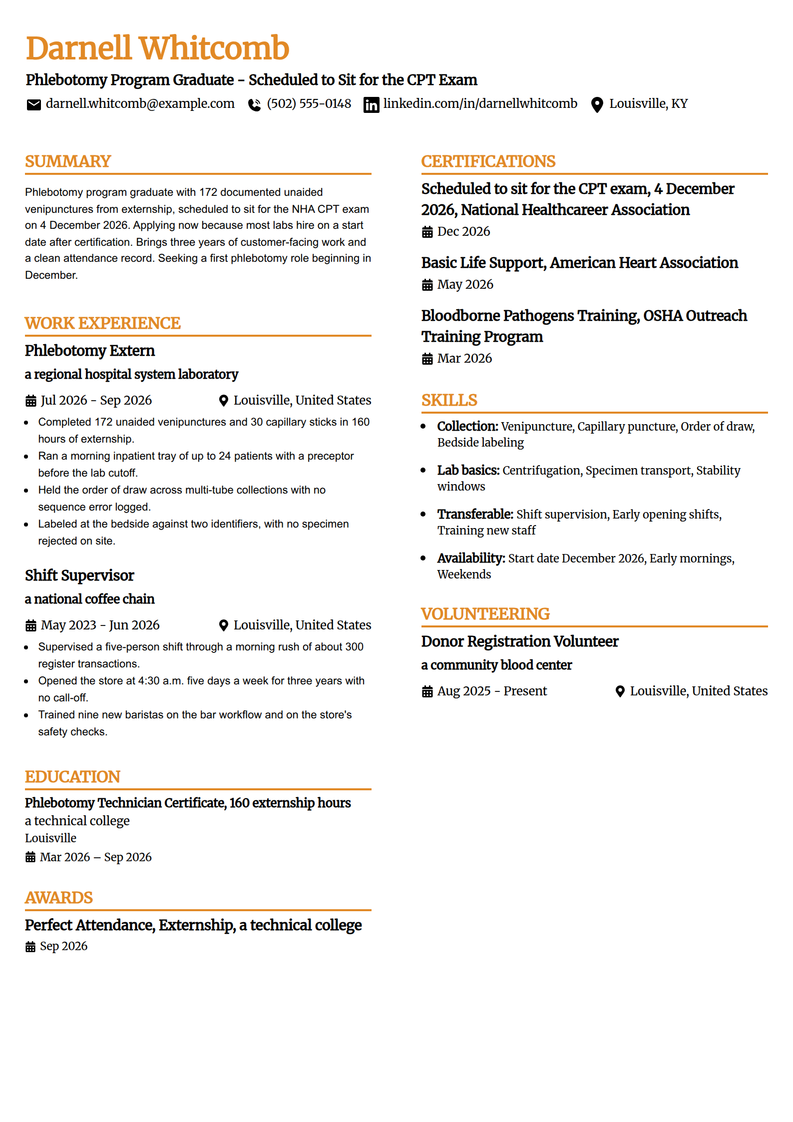 Phlebotomy graduate with exam scheduled resume example in the Professional Edge template