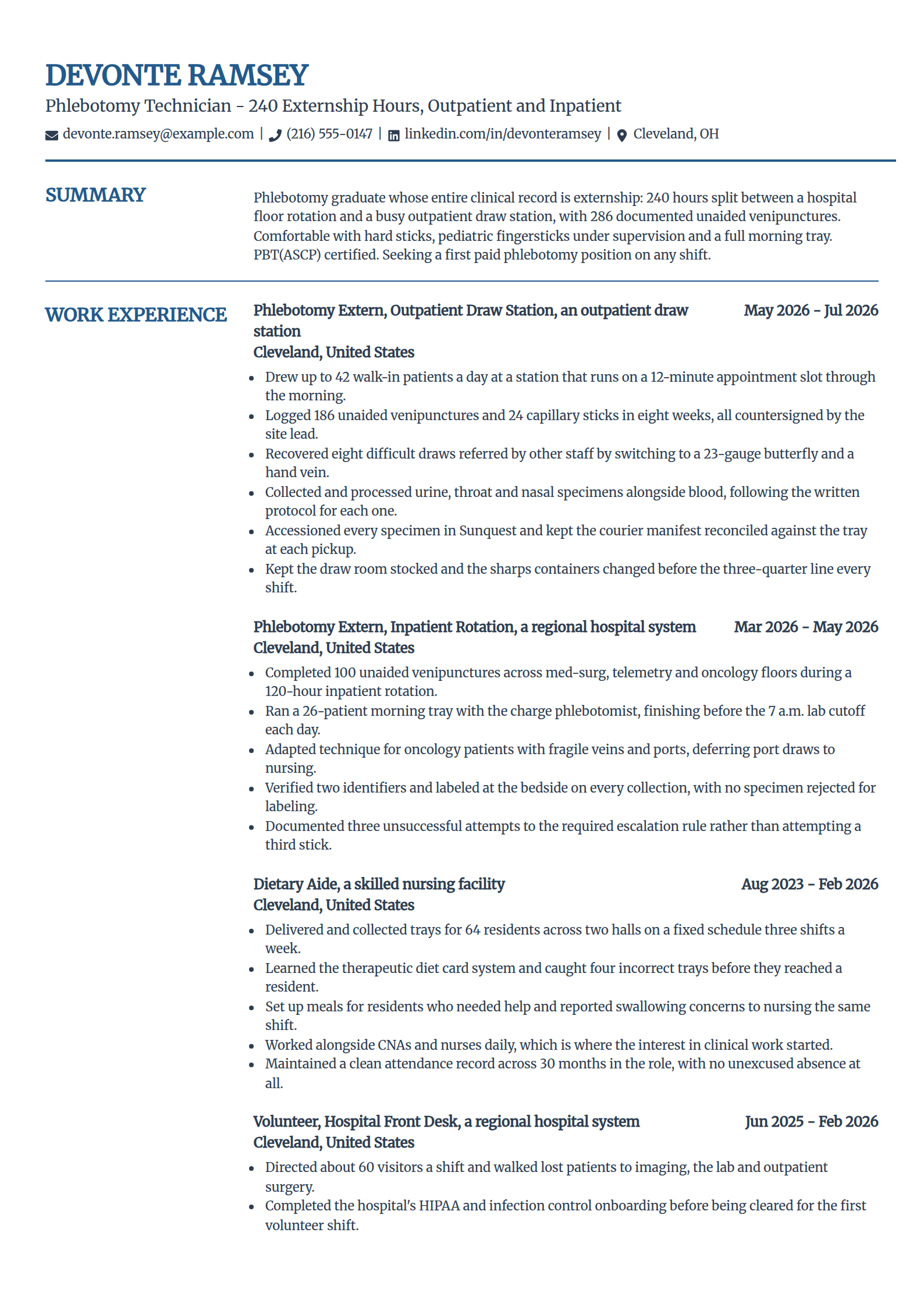 Phlebotomy externship-only candidate resume example in the Craft template