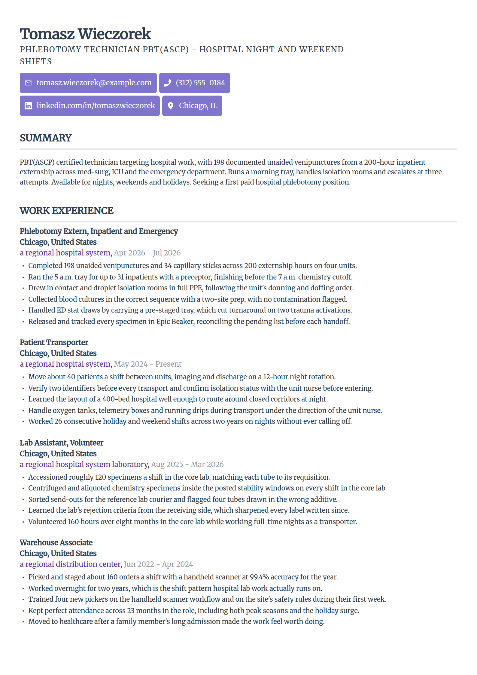 Entry-level hospital-track phlebotomist resume example in the Sleek Framework template