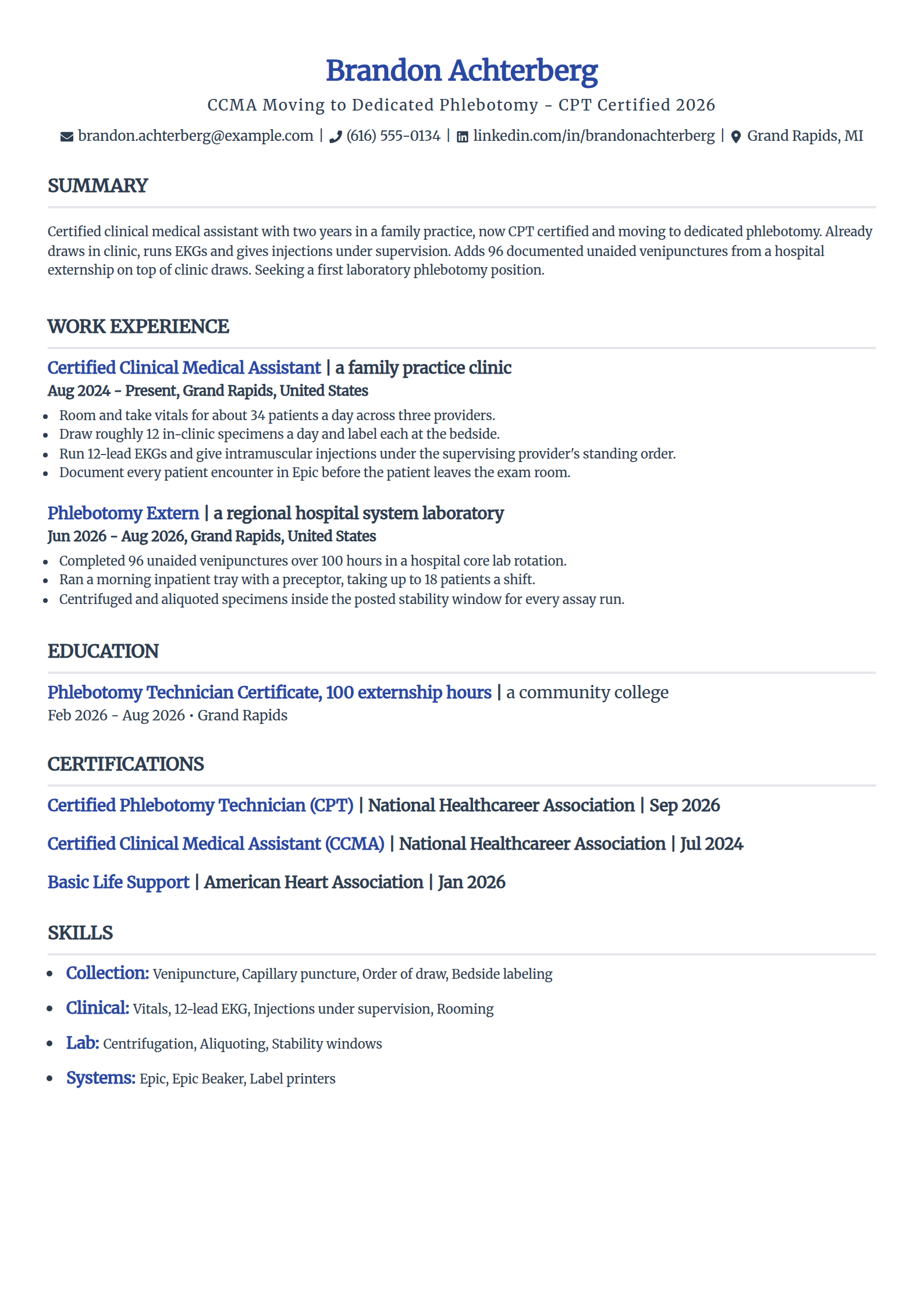 Medical assistant moving into phlebotomy resume example in the Simple template