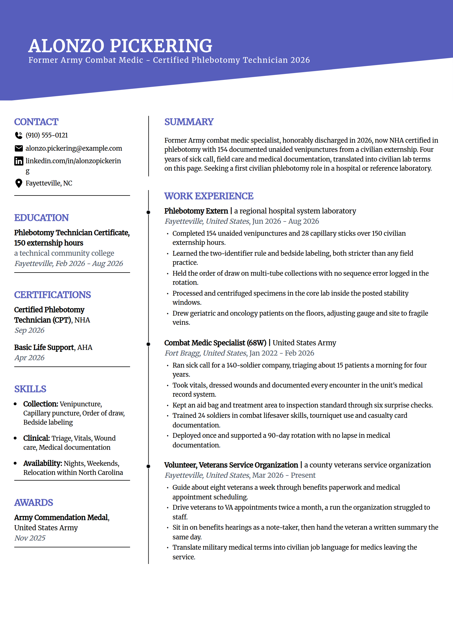 Former military medic moving into phlebotomy resume example in the Orbit template