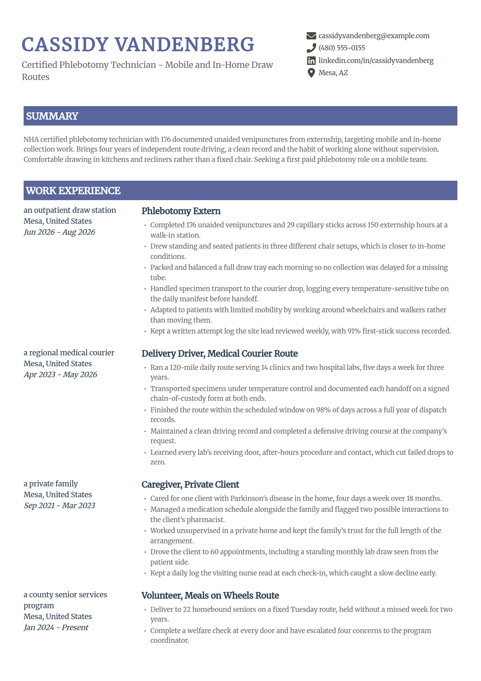 Entry-level mobile and in-home draw phlebotomist resume example in the Catalyst template