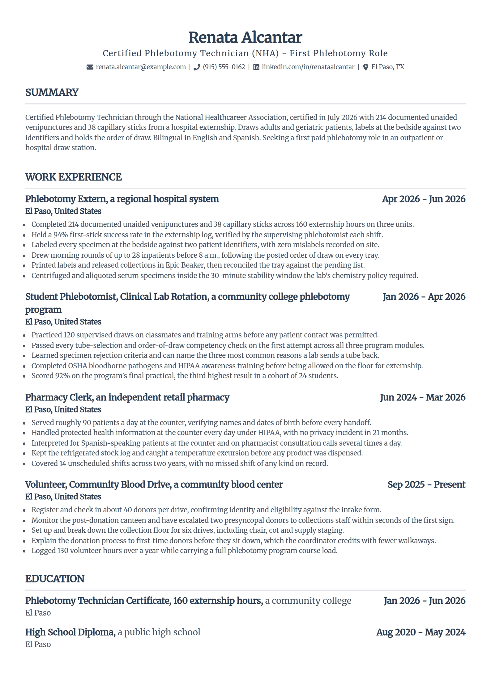 Newly certified phlebotomist with no paid experience resume example in the Standard template