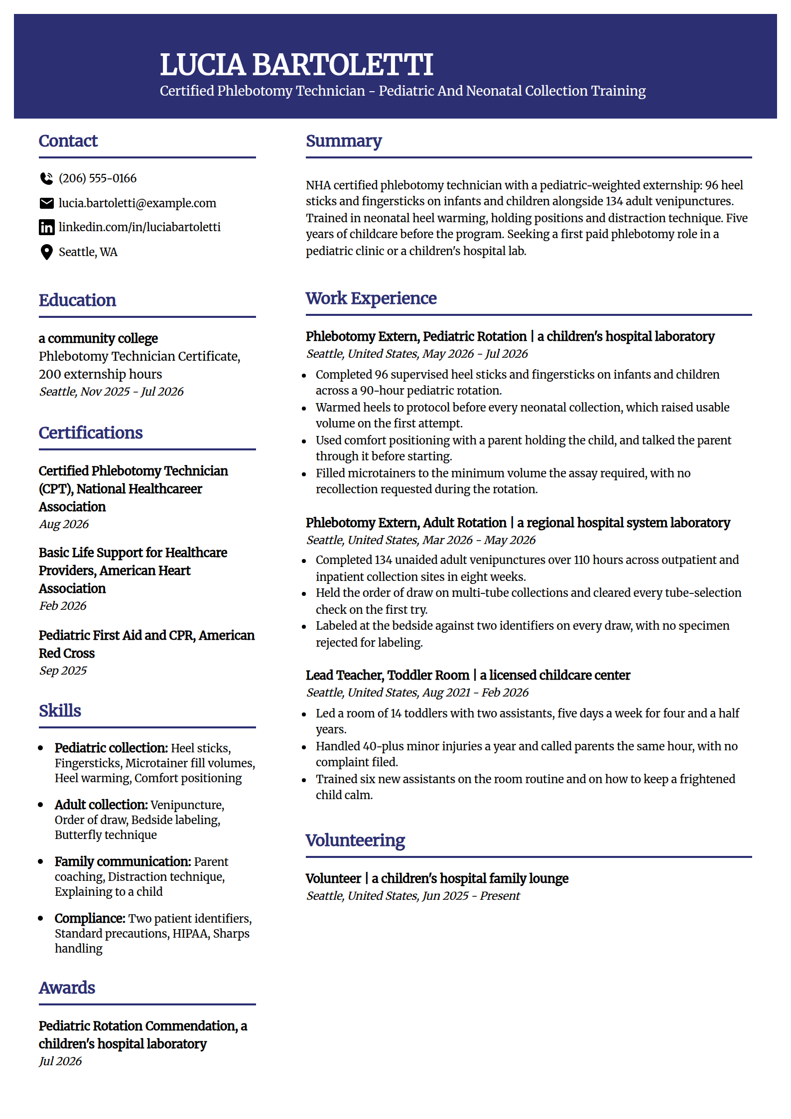 Entry-level phlebotomist with pediatric draw training resume example in the Visionary template