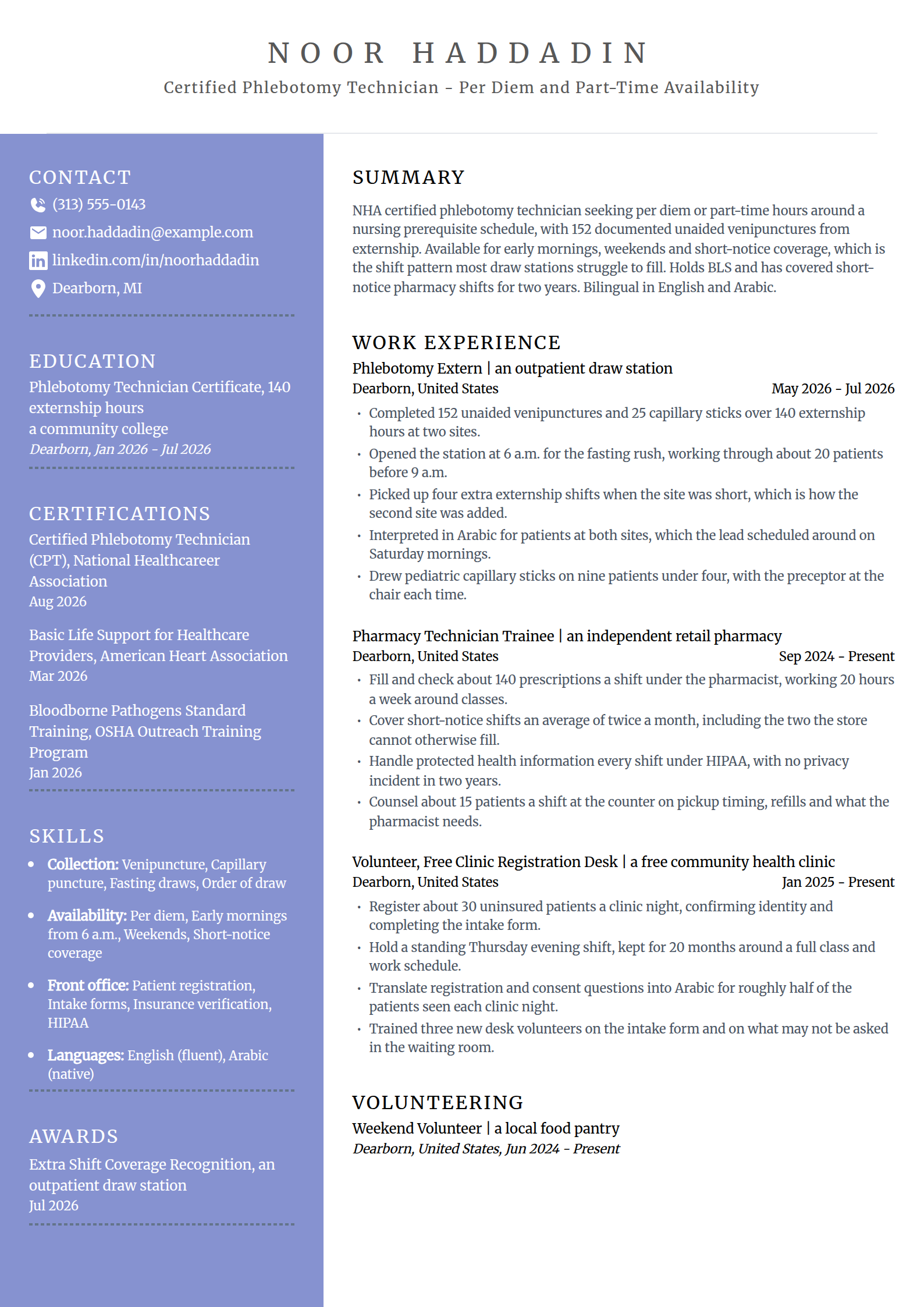 Entry-level per diem and part-time phlebotomist resume example in the Luminary template
