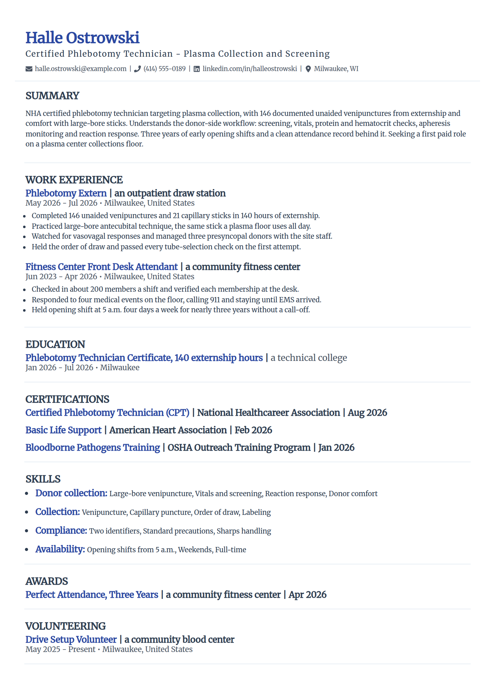Entry-level plasma donation center phlebotomist resume example in the Elegant template