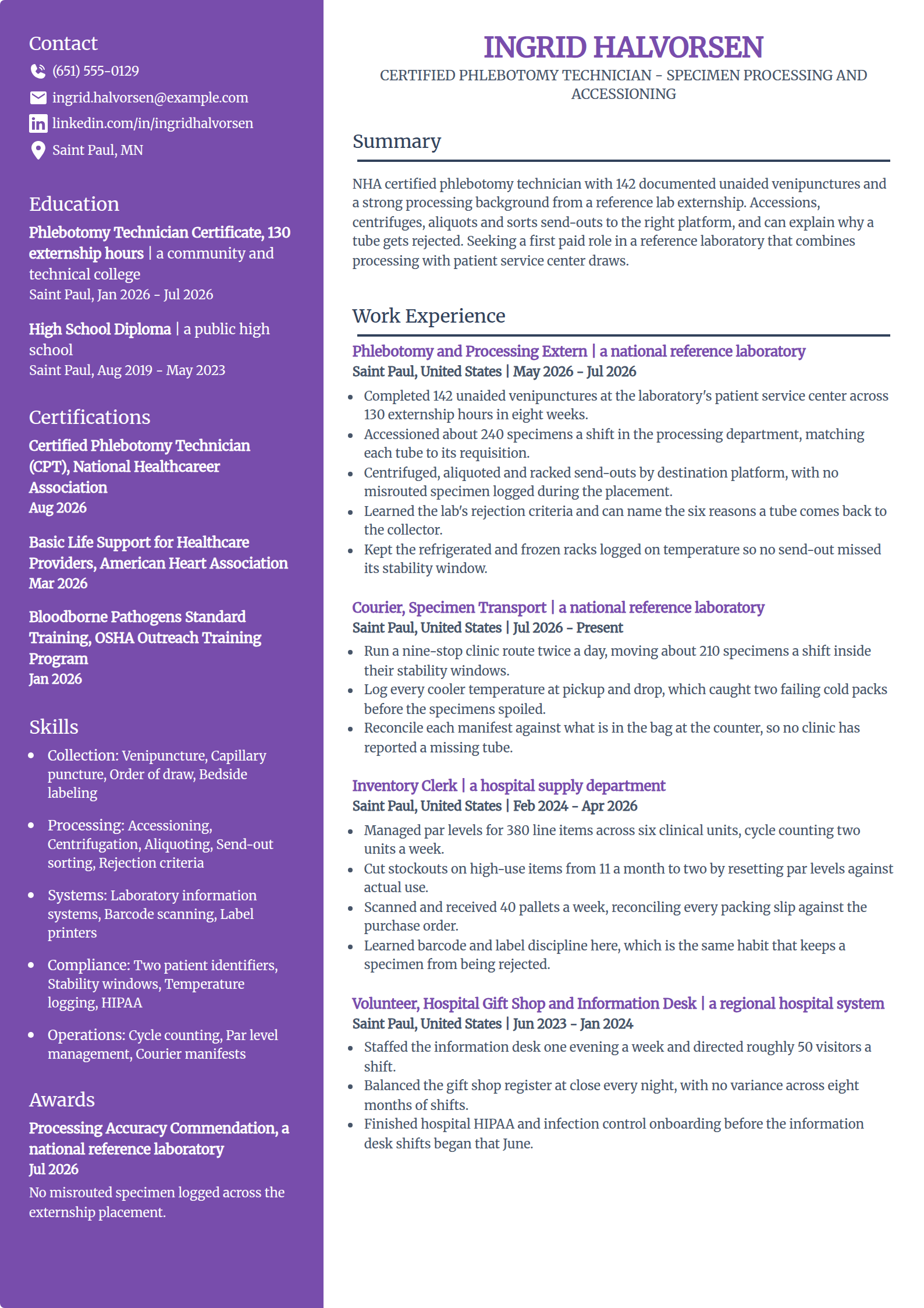 Entry-level reference lab and specimen processing resume example in the Pioneer template