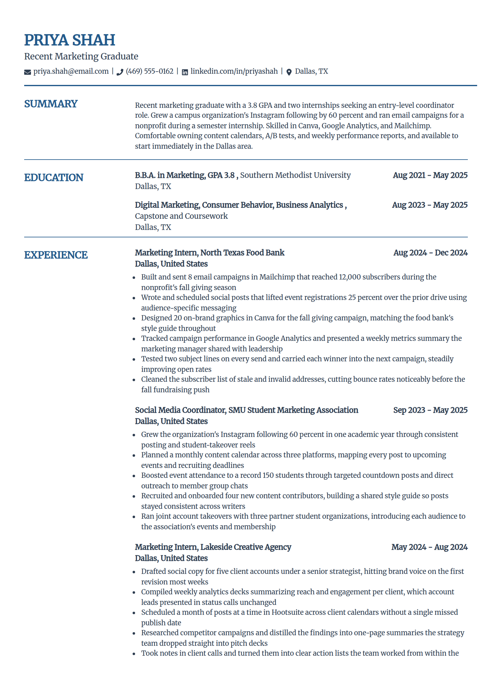 Recent college graduate resume example in the Craft template