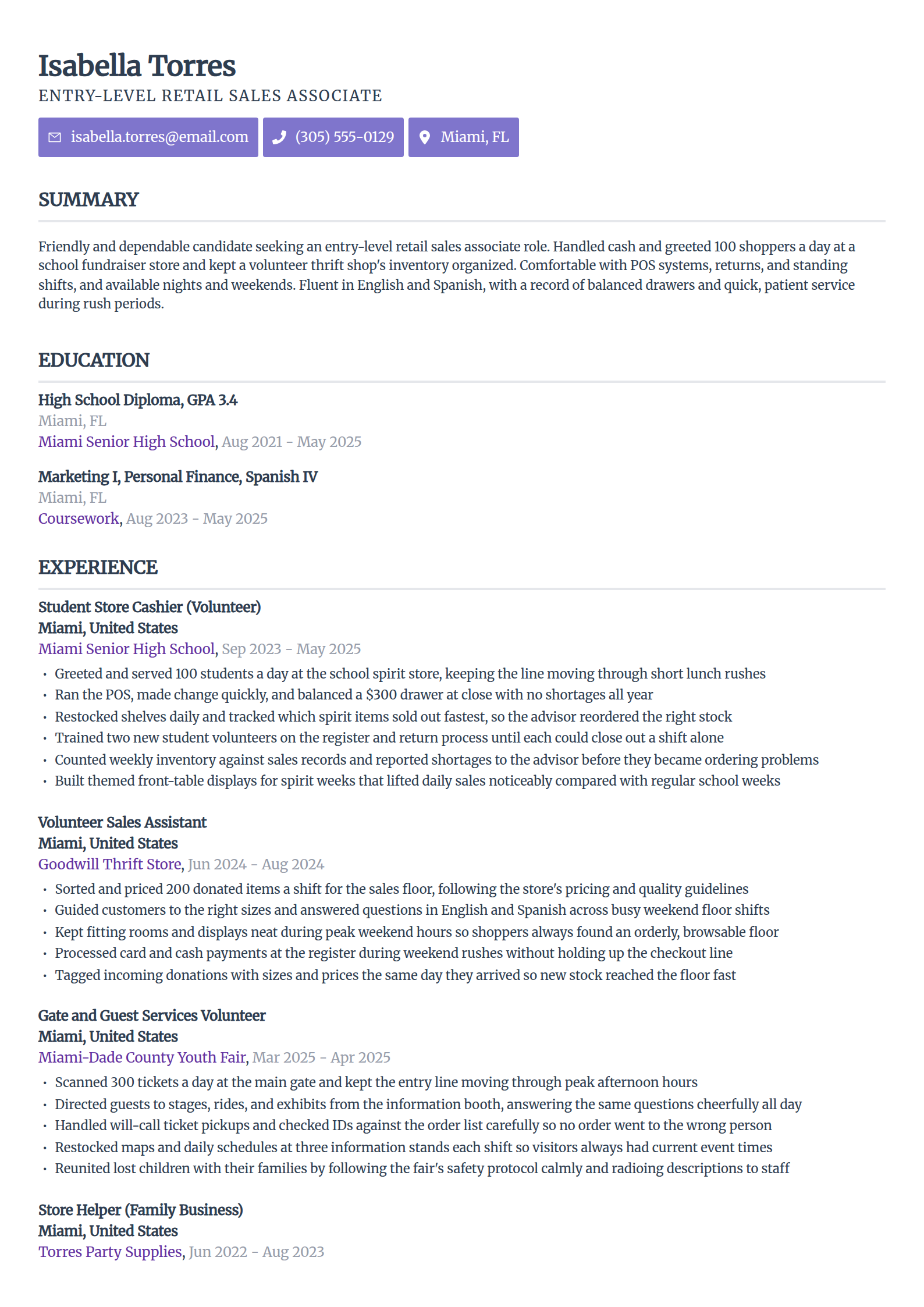 Entry-level retail sales associate resume example with no experience in the Sleek Framework template
