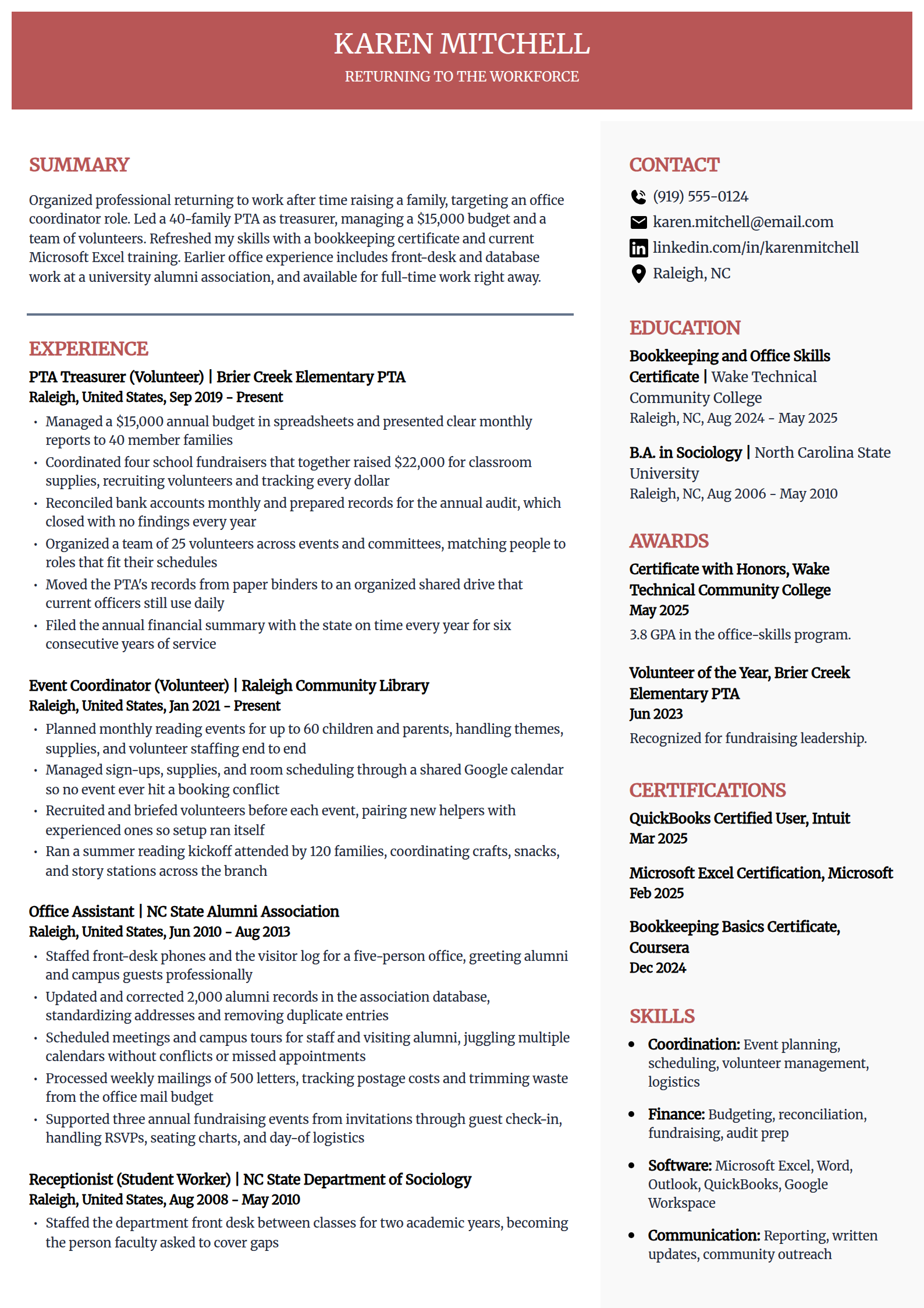 Returning to the workforce resume example in the Executive template