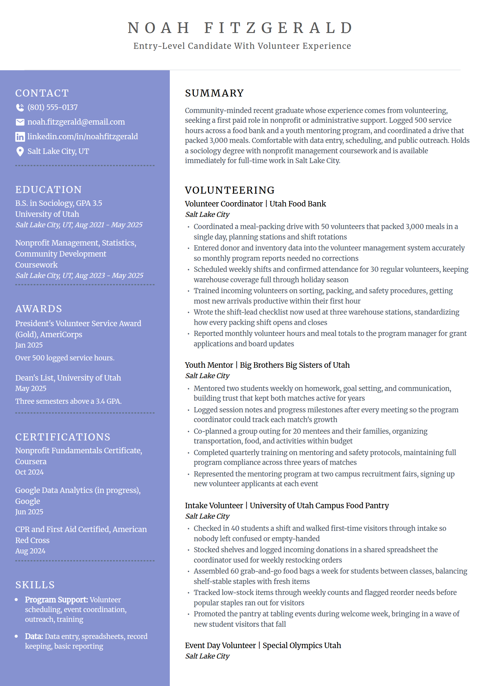 Resume example built on volunteer experience only in the Luminary template