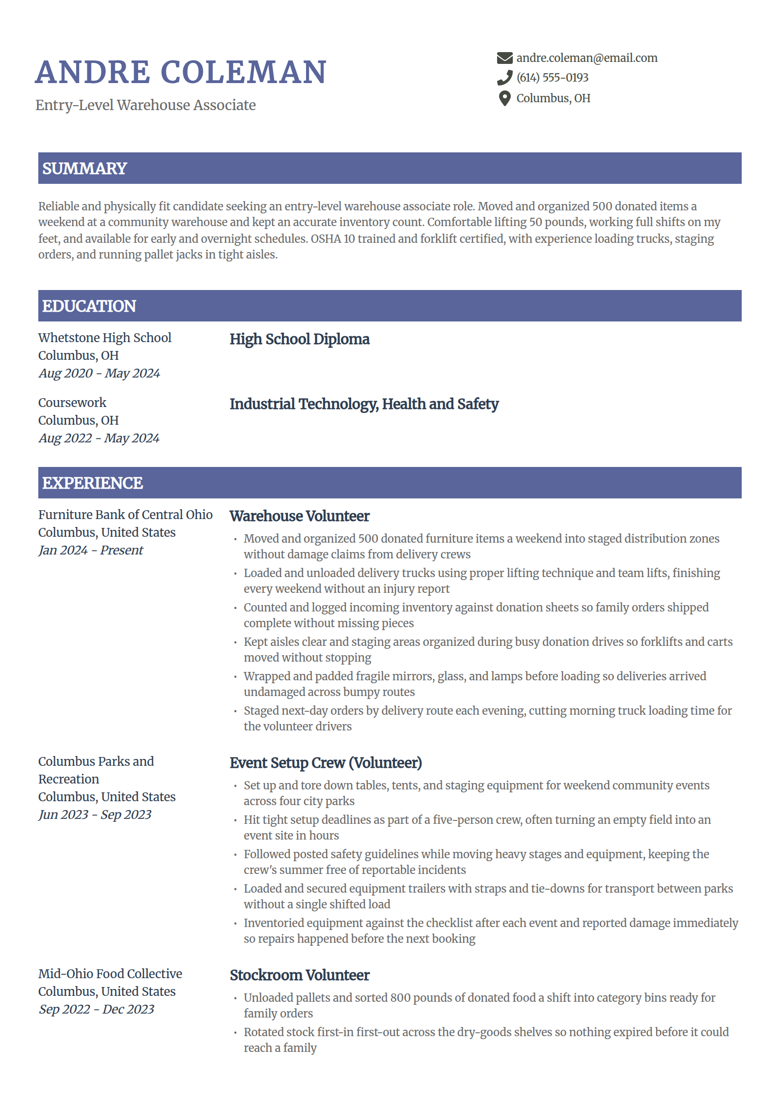 Entry-level warehouse associate resume example with no experience in the Catalyst template