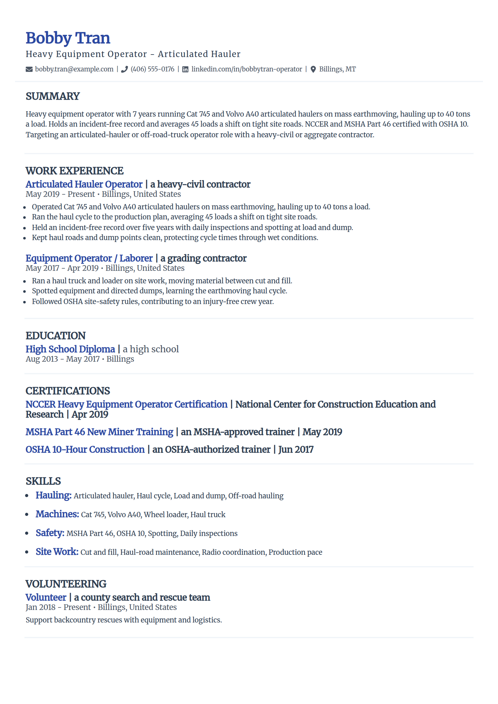 Articulated and off-road hauler operator resume example in the Elegant template