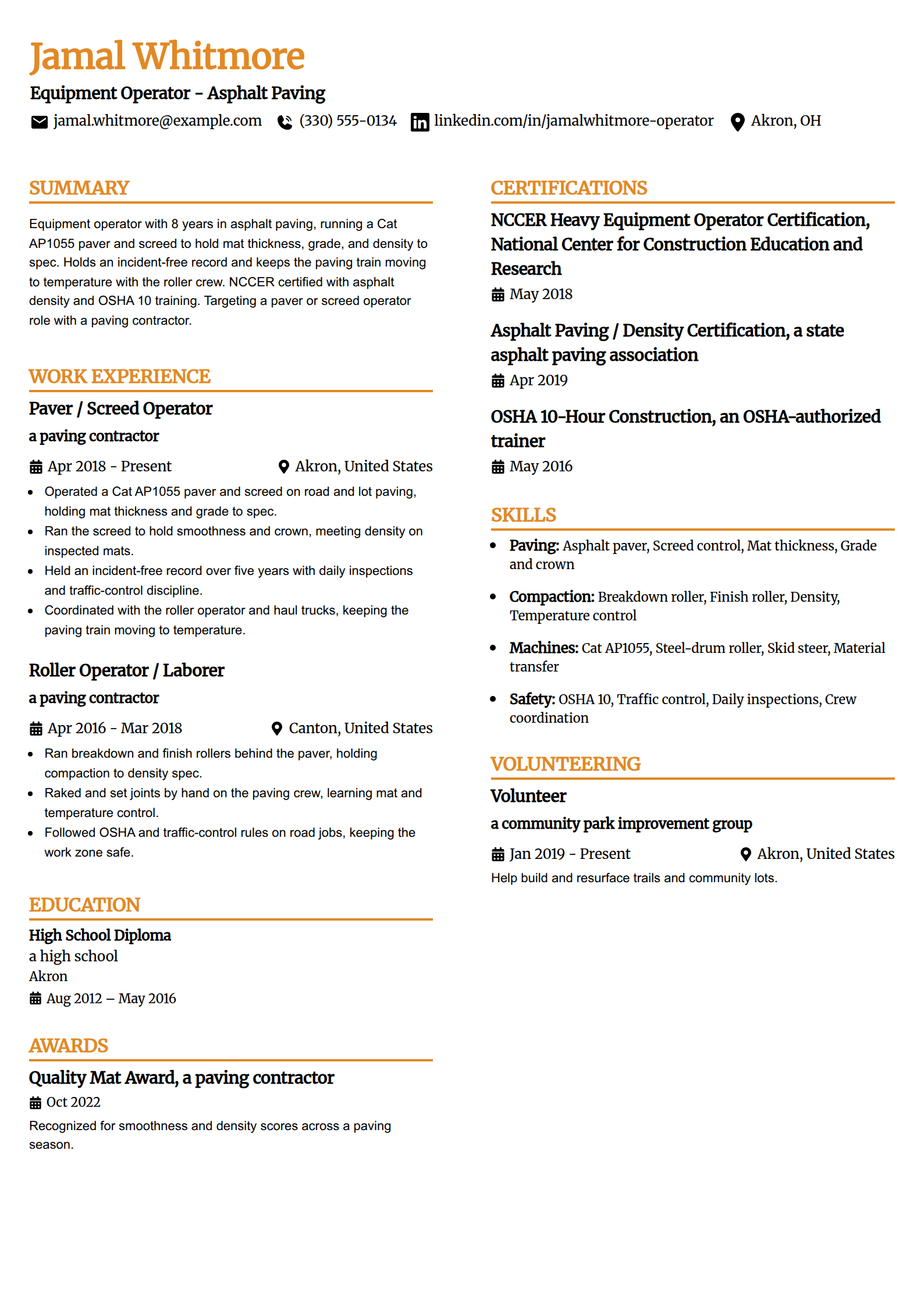 Asphalt paving equipment operator resume example in the Professional Edge template