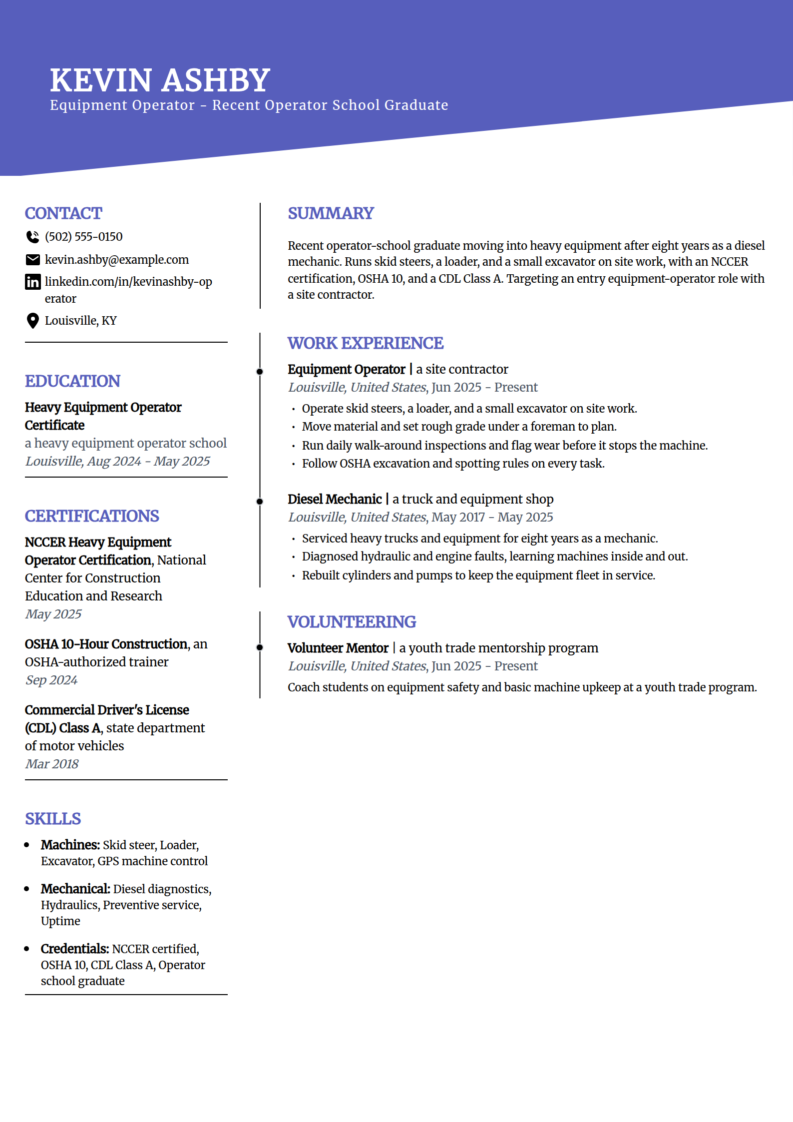 Career-change equipment operator resume example in the Orbit template