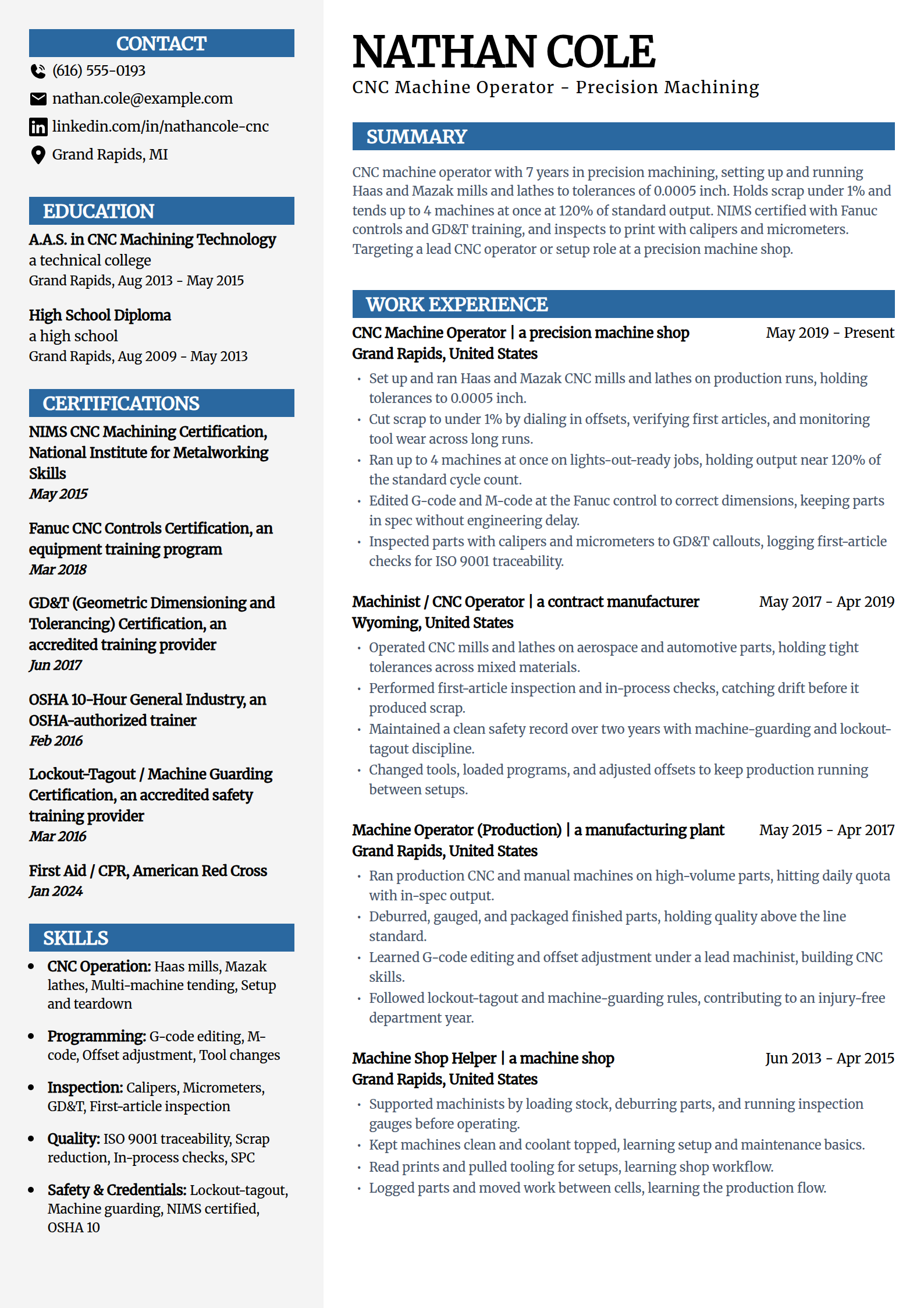 CNC machine operator resume example in the Mosaic template