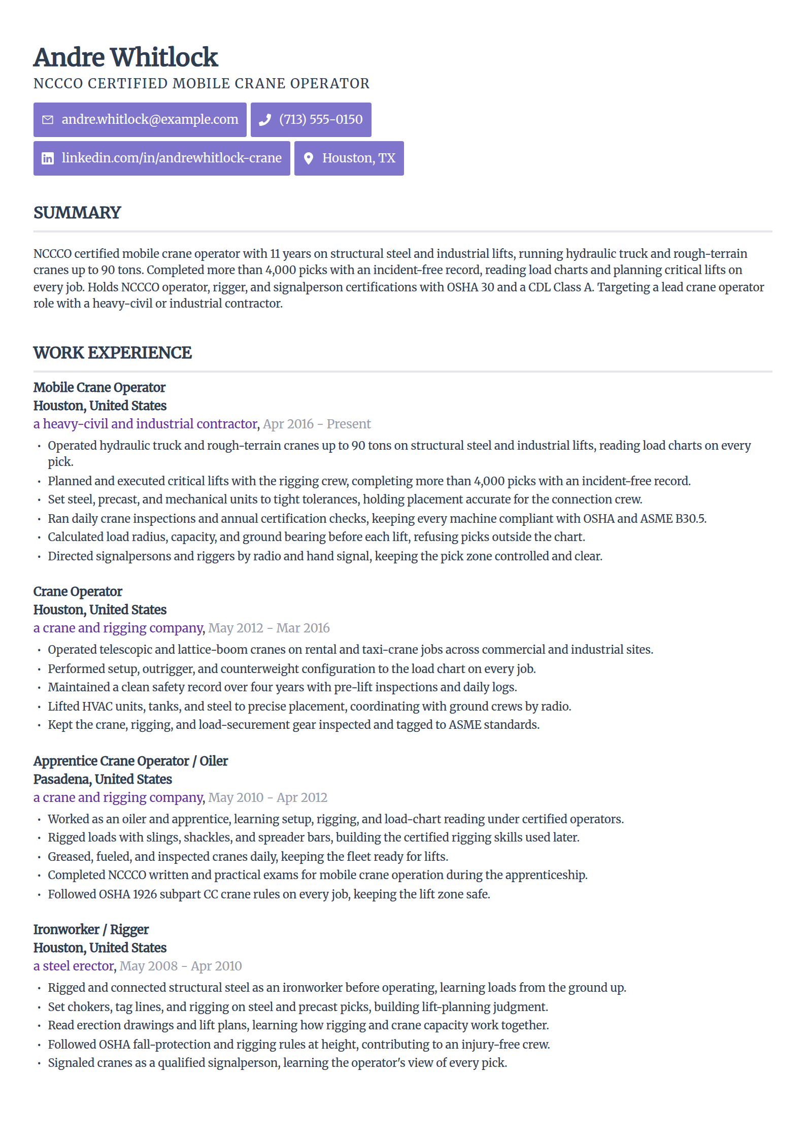NCCCO crane operator resume example in the Sleek Framework template