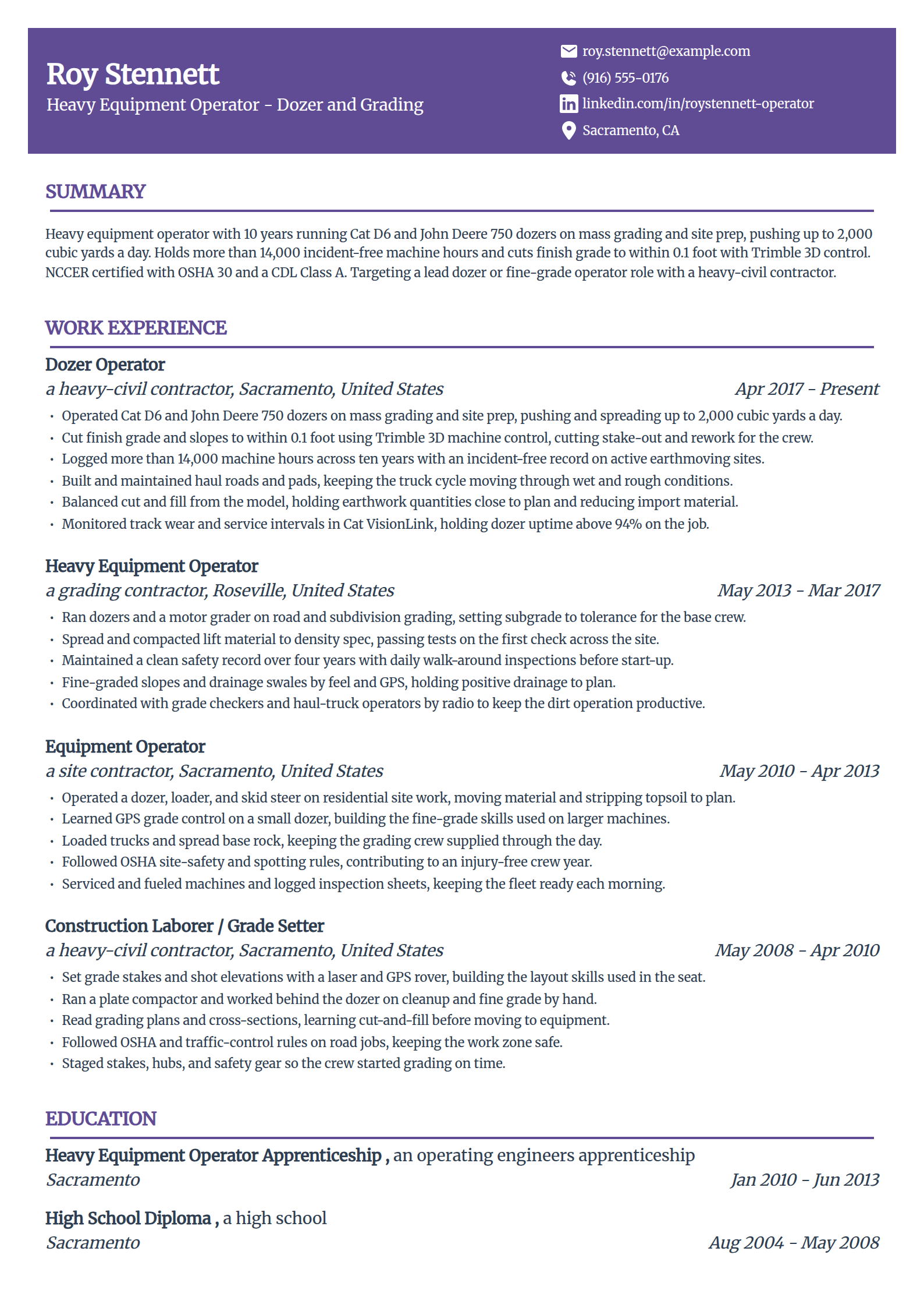 Bulldozer and dozer operator resume example in the Panorama template