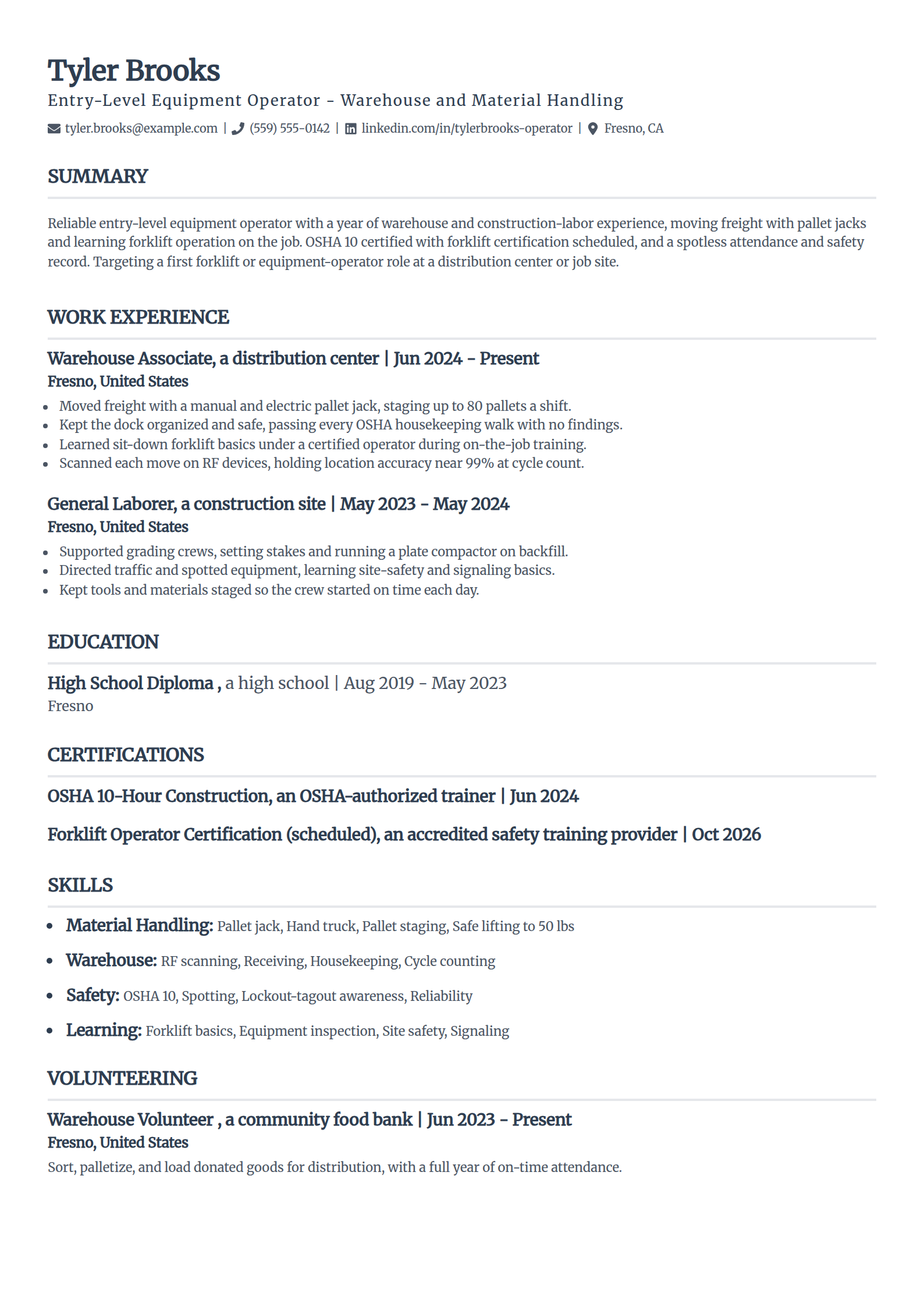 Entry-level equipment operator resume example in the Classic template