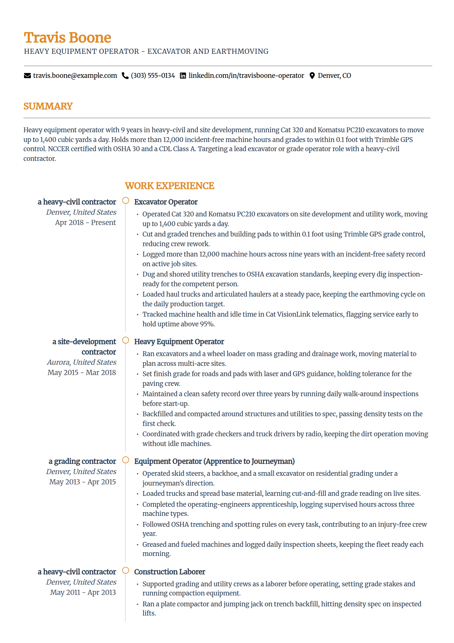 Excavator operator resume example in the Zenith template