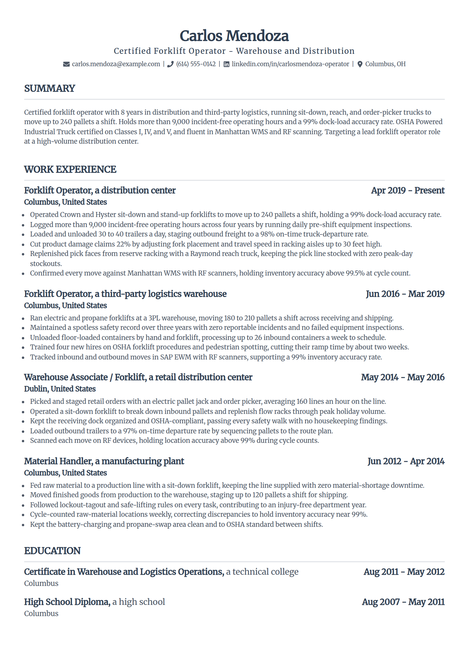 Forklift operator resume example in the Standard template