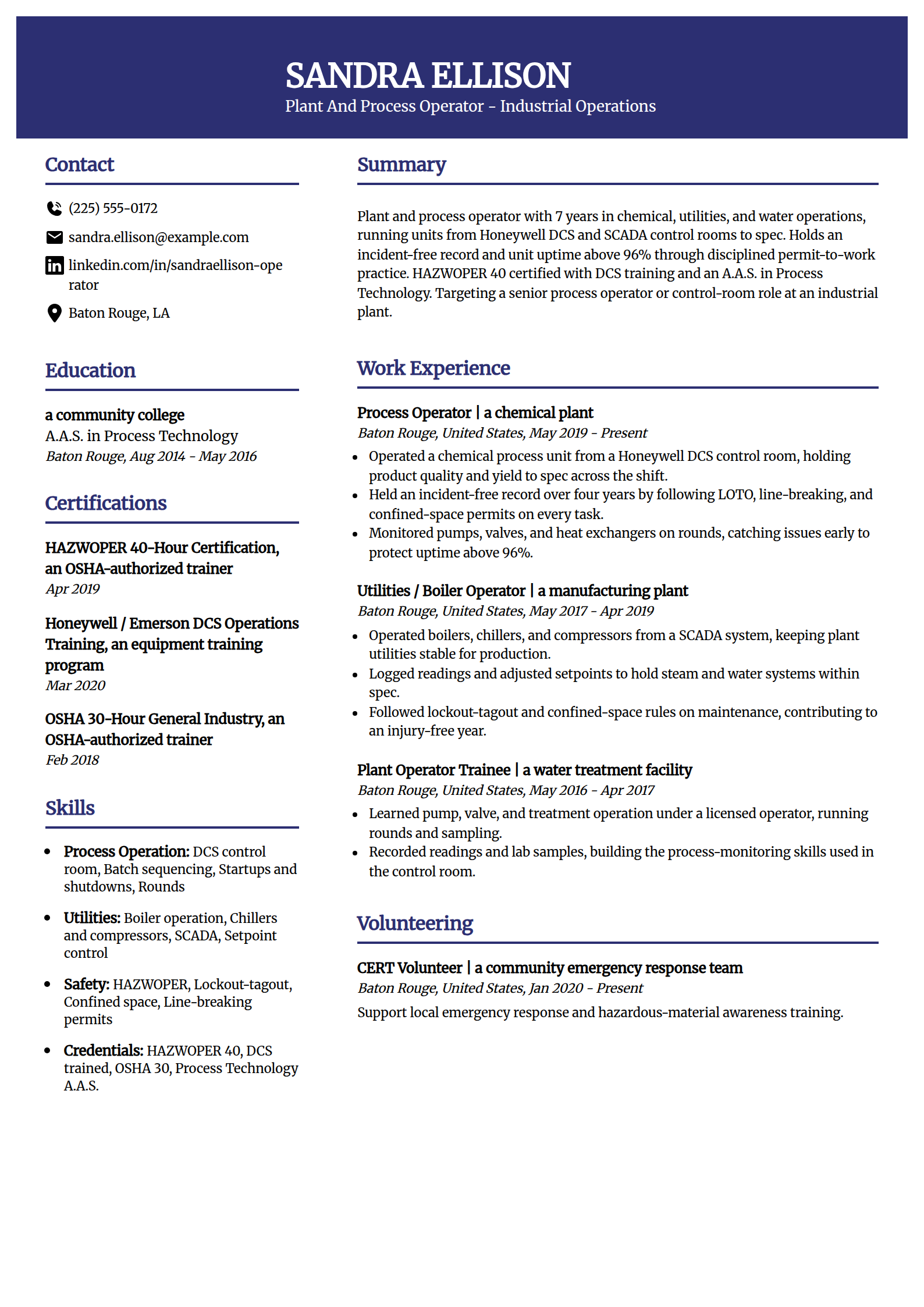 Plant and process operator resume example in the Visionary template