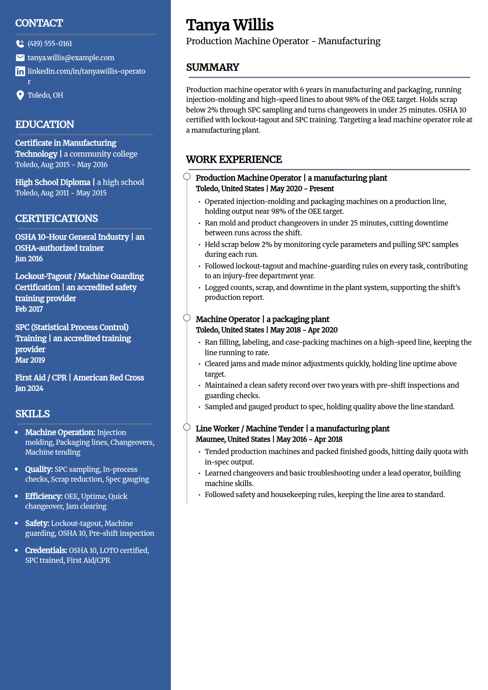 Production machine operator resume example in the Creative template