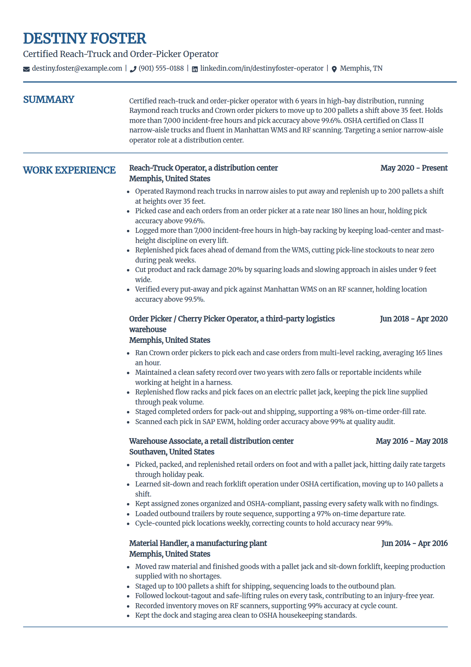 Reach-truck and order-picker operator resume example in the Craft template