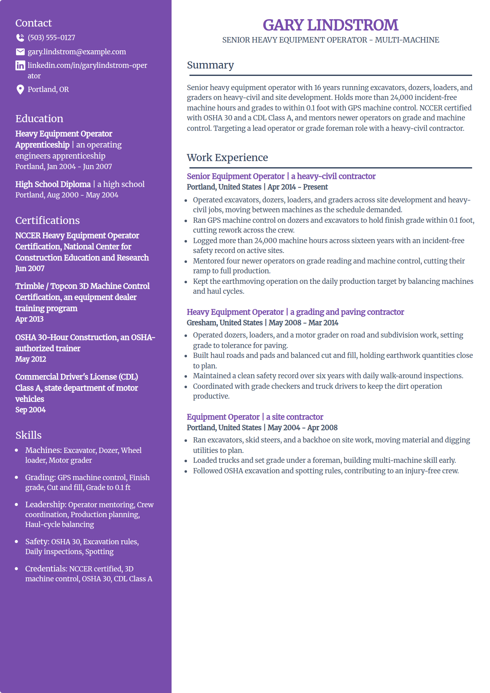 Senior multi-machine heavy equipment operator resume example in the Pioneer template