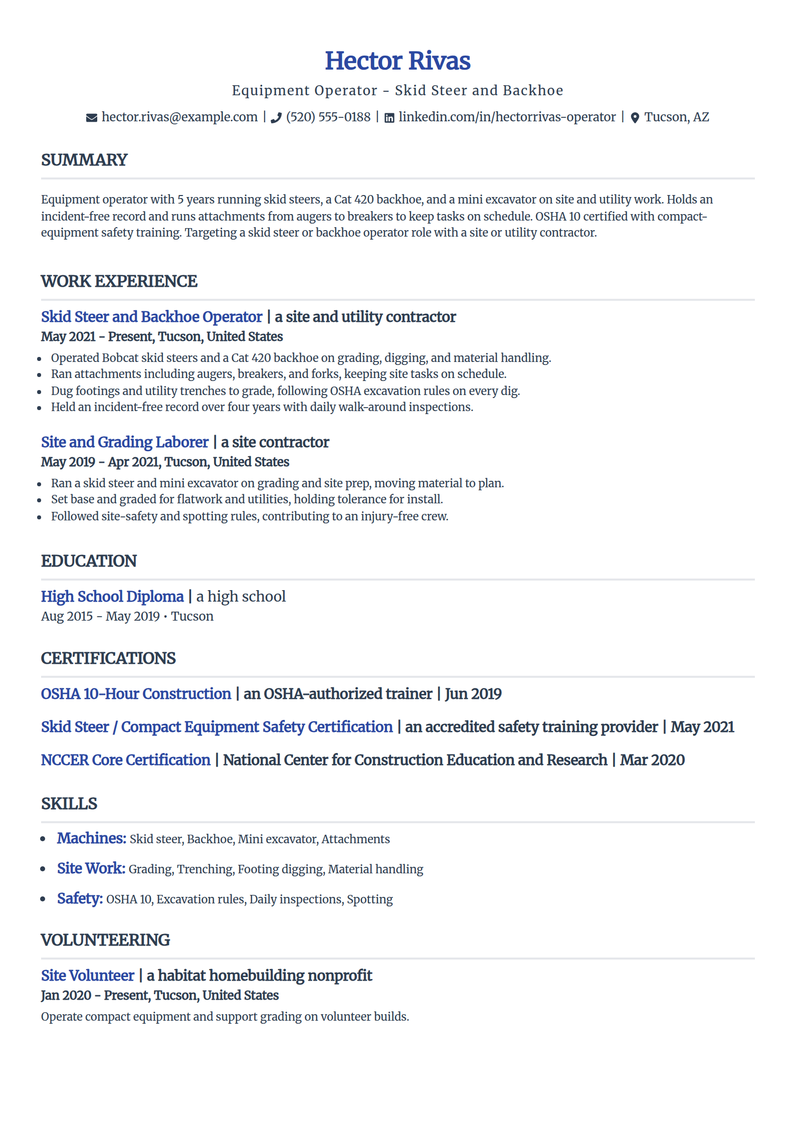 Skid steer and backhoe operator resume example in the Simple template