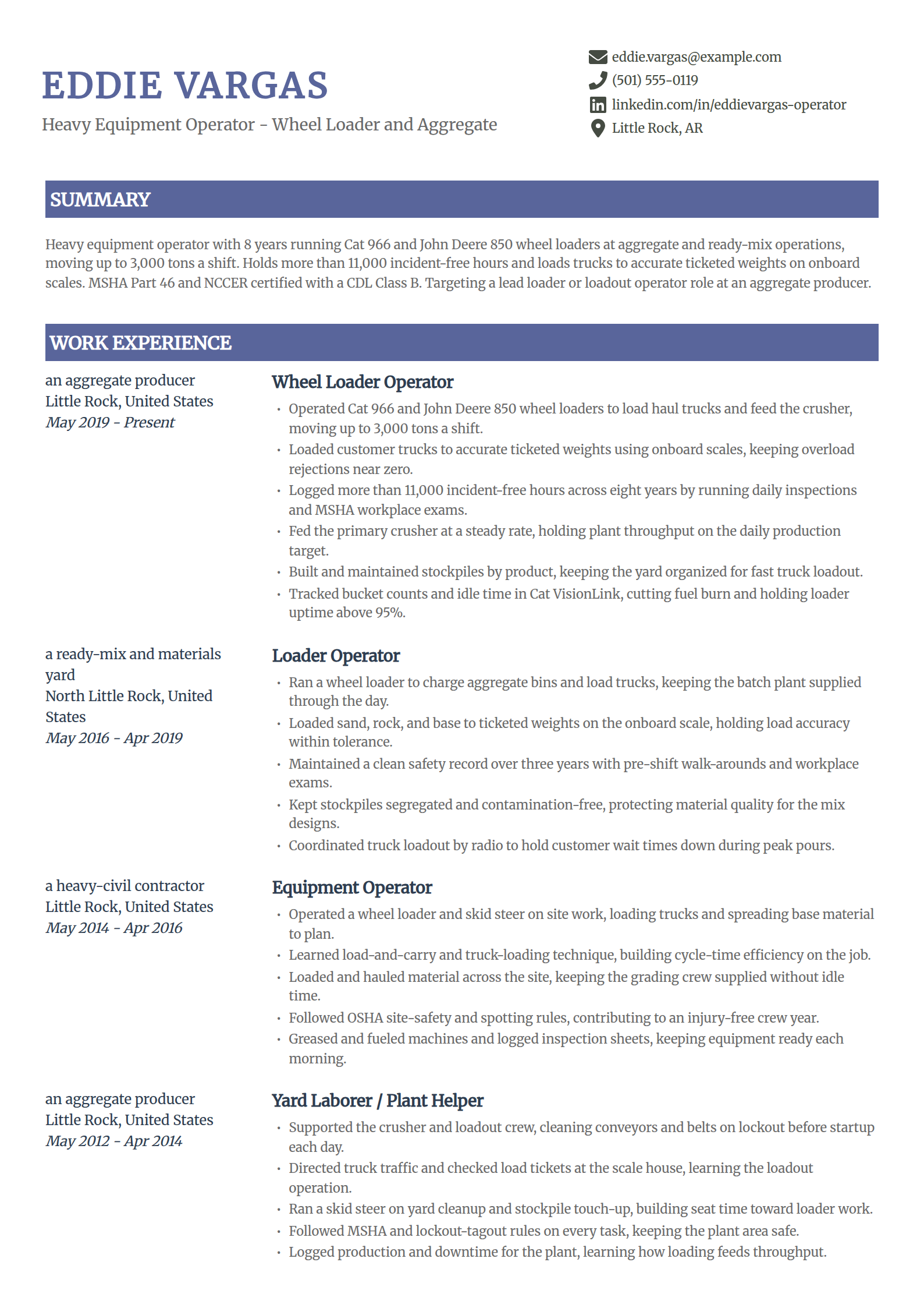 Wheel loader operator resume example in the Catalyst template