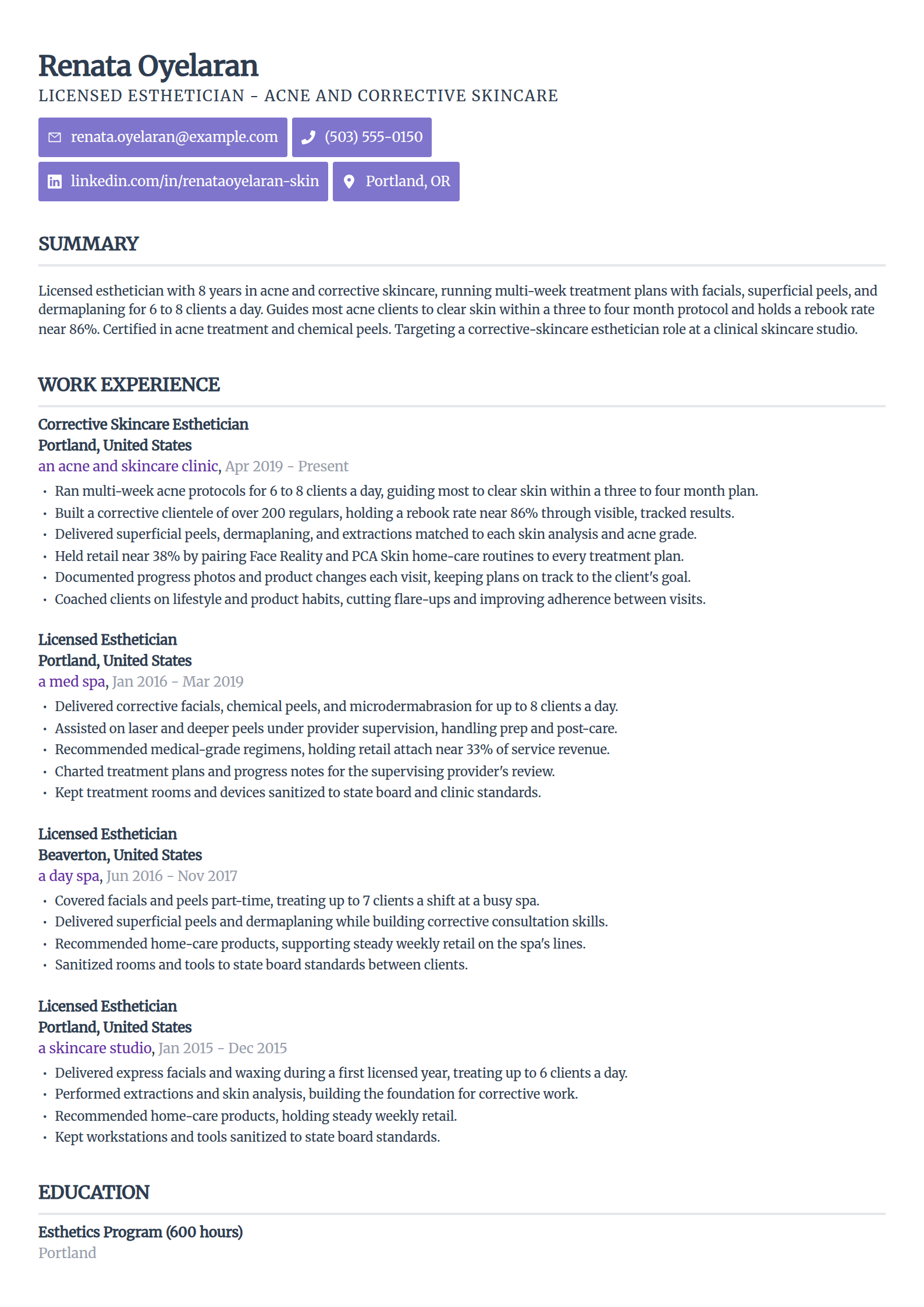 Acne and corrective skincare Esthetician resume example in the Sleek Framework template