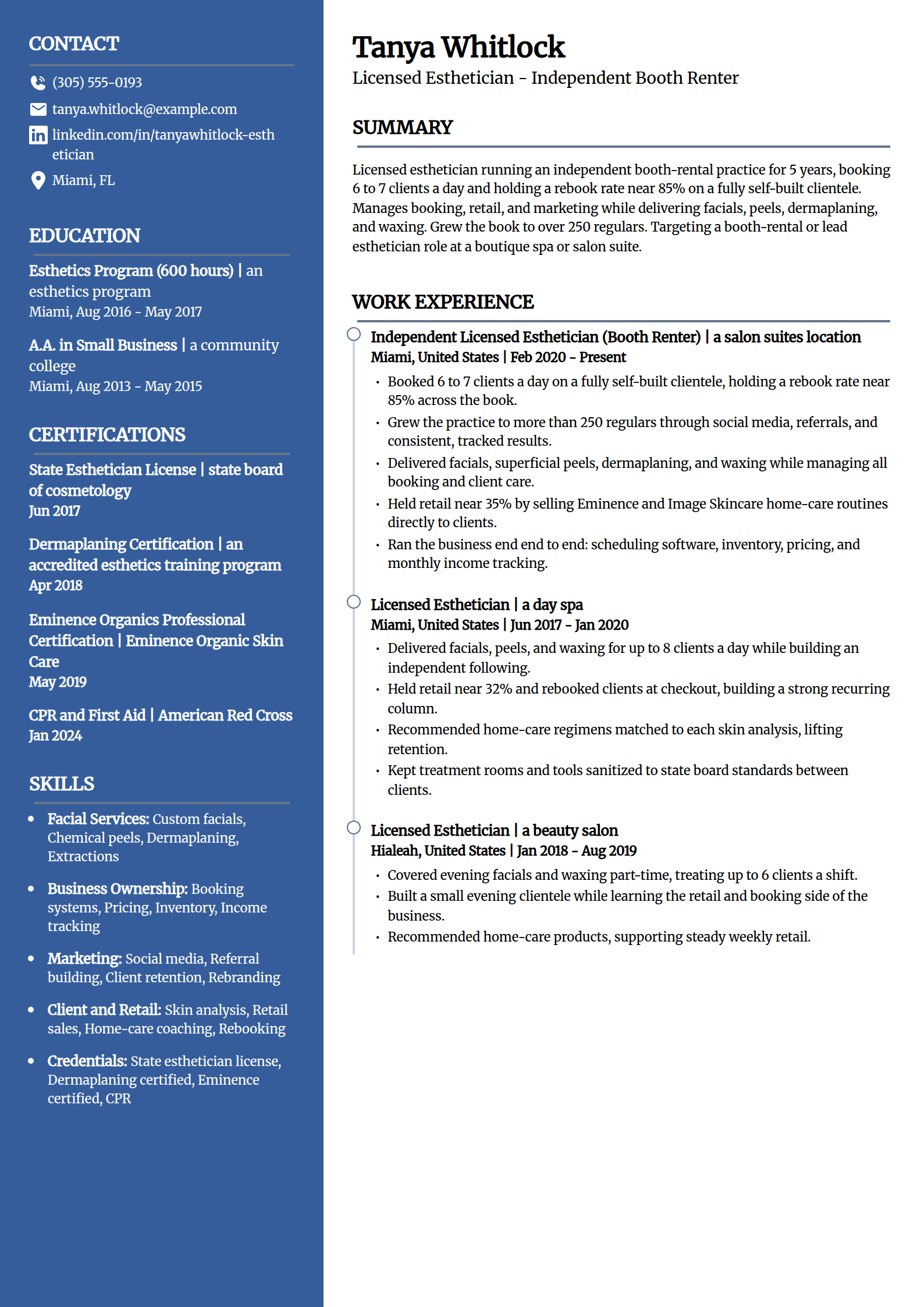 Self-employed booth renter Esthetician resume example in the Creative template